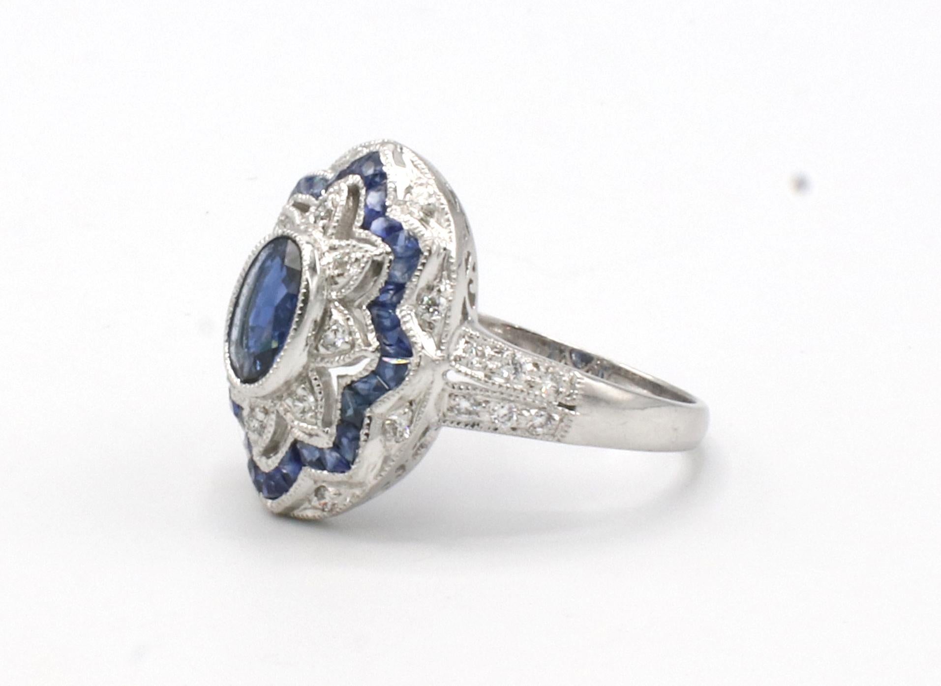 Oval Cut 18 Karat White Gold Blue Sapphire & Natural Diamond Dome Ring For Sale