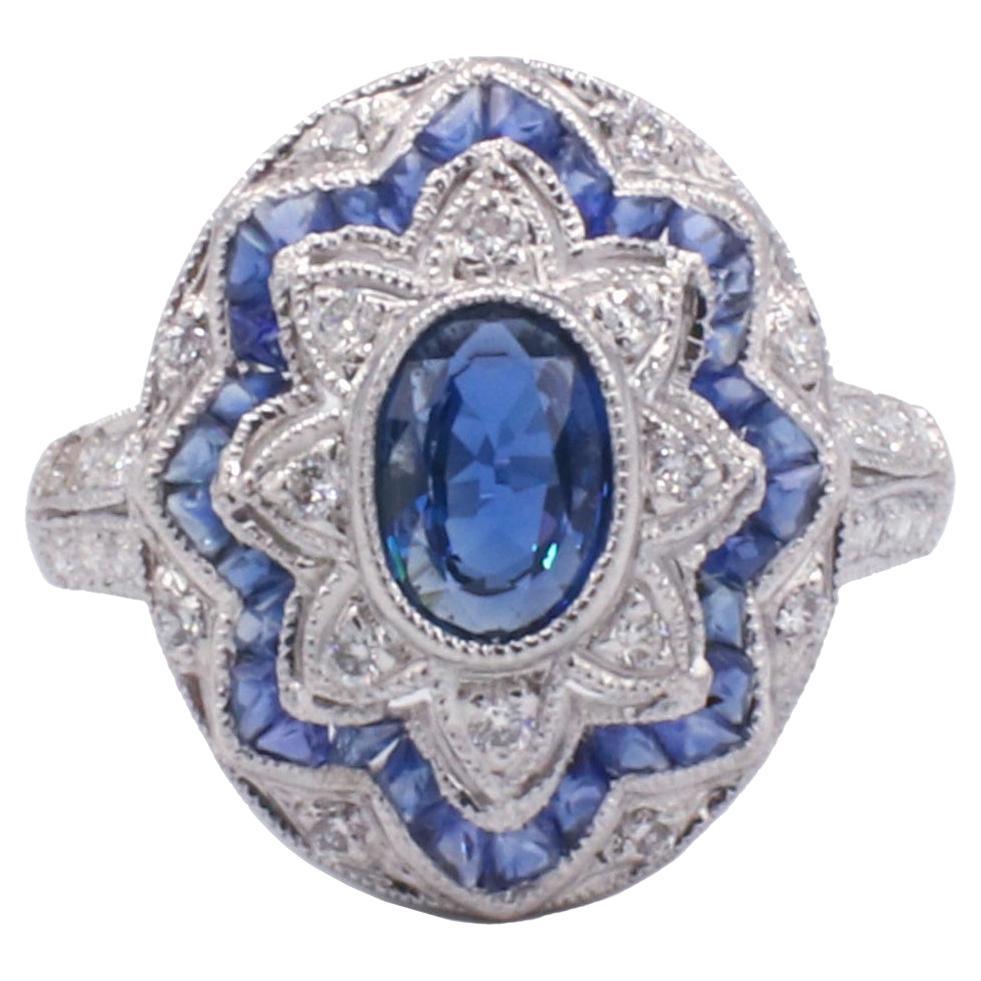 18 Karat White Gold Blue Sapphire & Diamond Dome Ring