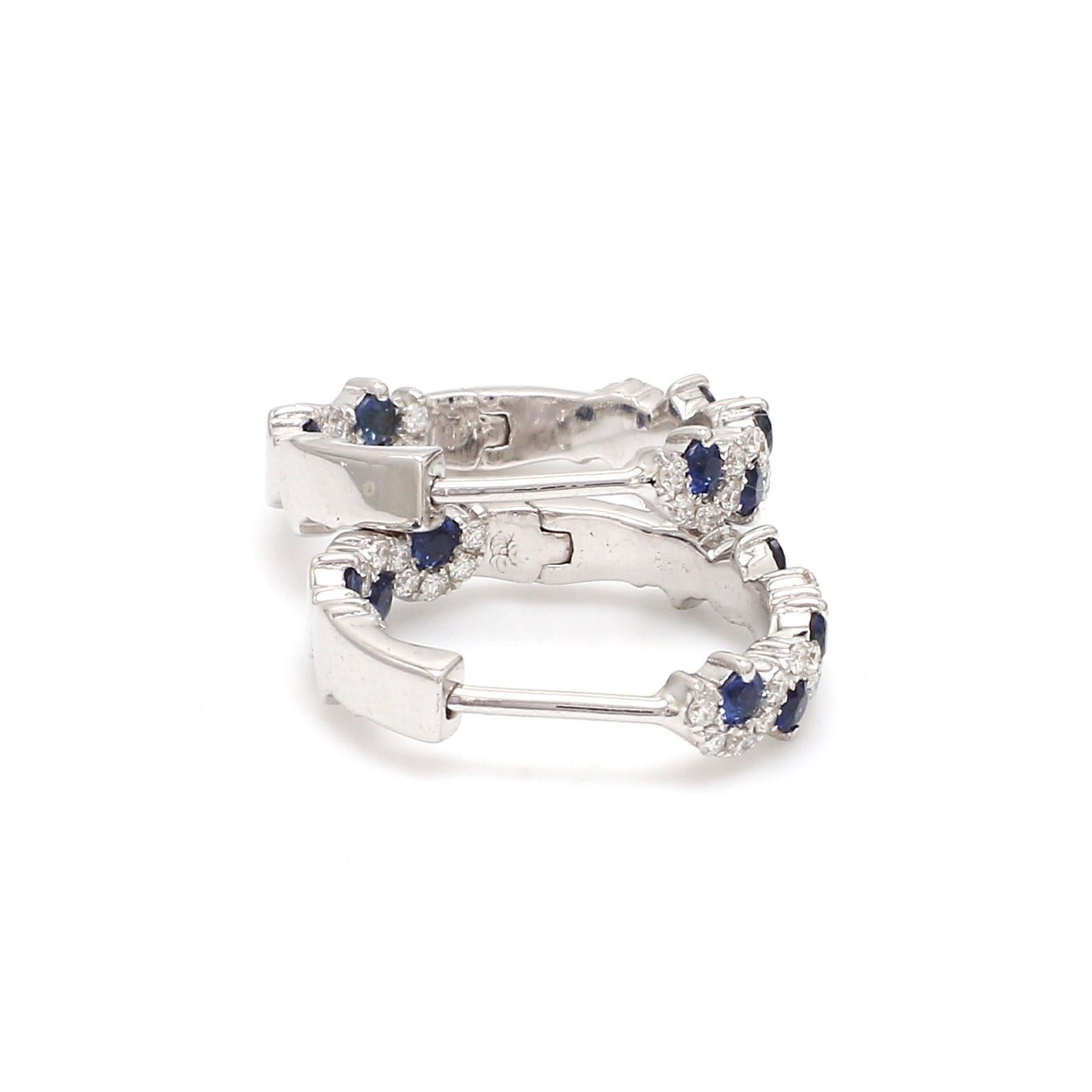 Contemporary 18 Karat White Gold Blue Sapphire Diamond Hoop Earring For Sale