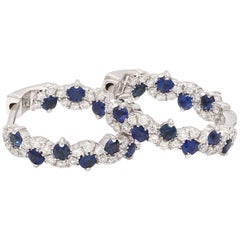18 Karat White Gold Blue Sapphire Diamond Hoop Earring