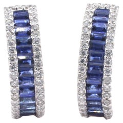 18 Karat White Gold Blue Sapphire & Diamond Huggie Hoop Earrings 