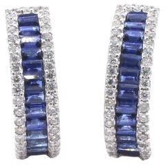 18 Karat White Gold Blue Sapphire & Diamond Huggie Hoop Earrings