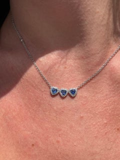 18 Karat White Gold Blue Sapphire Diamond Triple Heart Pendant Necklace