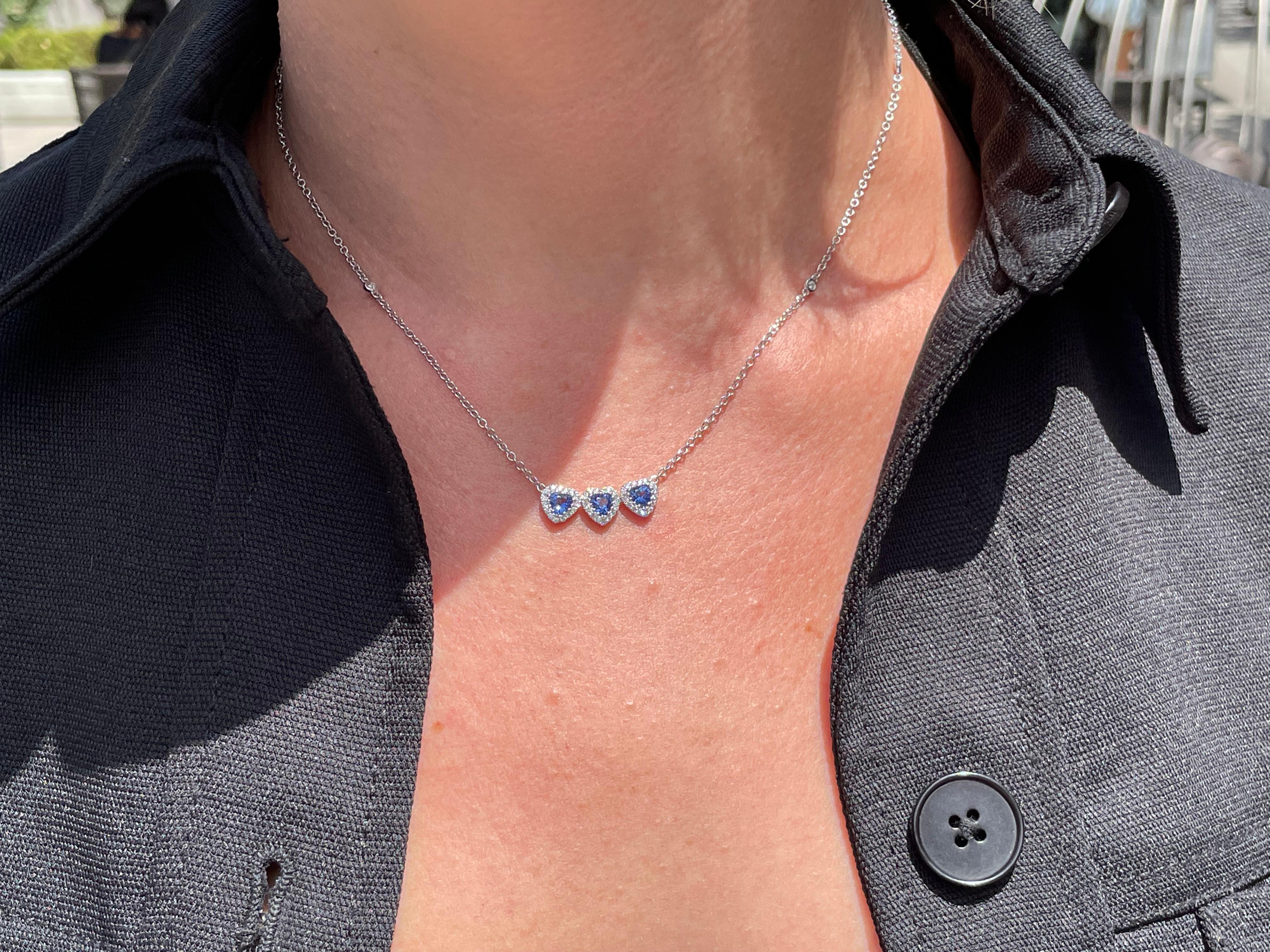 Heart Cut 18 Karat White Gold Blue Sapphire Diamond Triple Heart Pendant Necklace For Sale