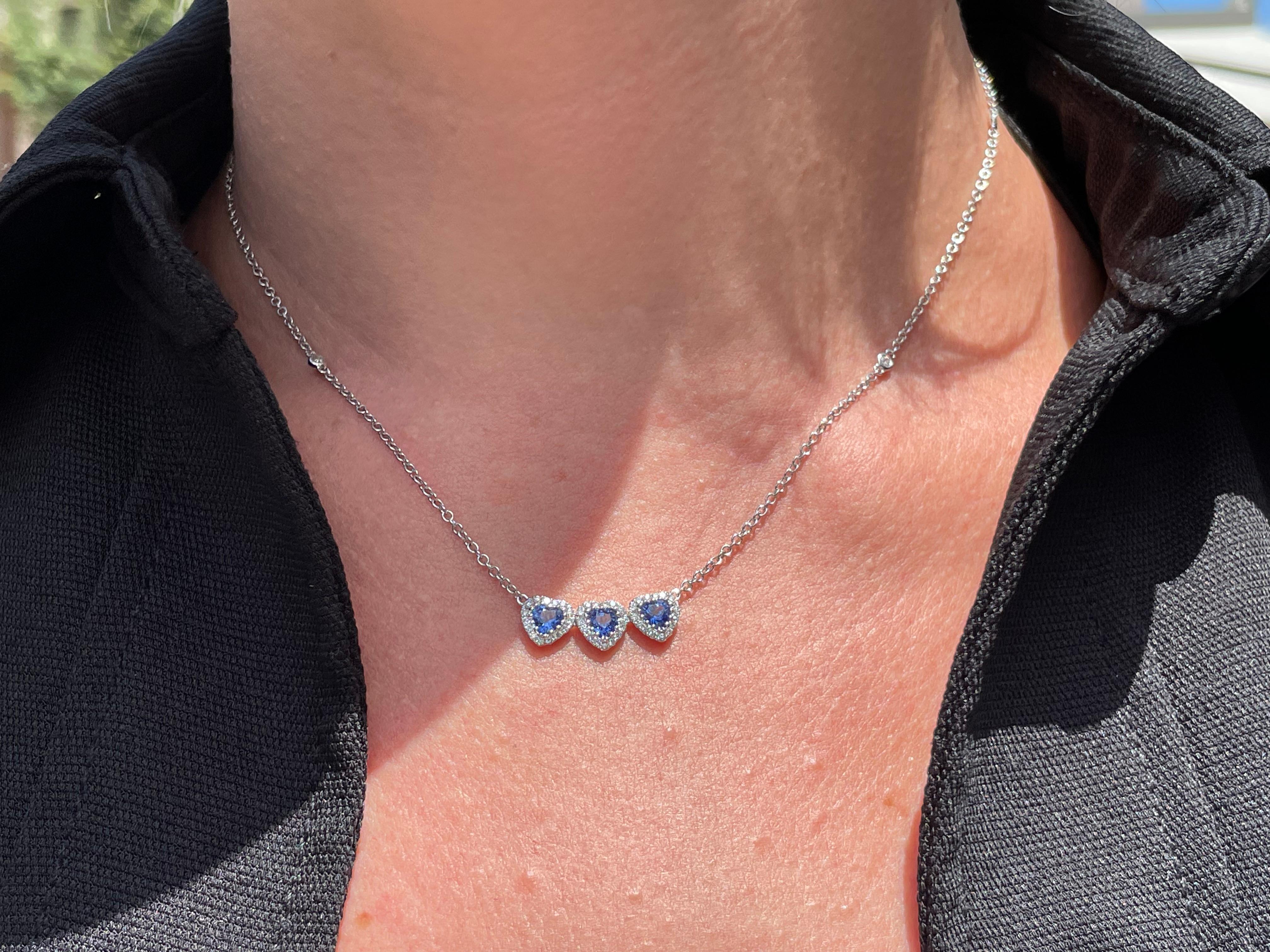 18 Karat White Gold Blue Sapphire Diamond Triple Heart Pendant Necklace In New Condition For Sale In La Jolla, CA