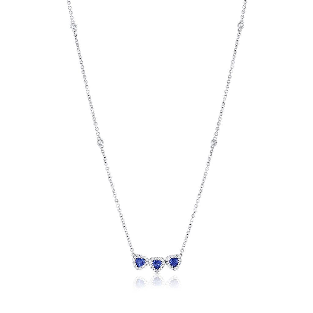 18 Karat White Gold Blue Sapphire Diamond Triple Heart Pendant Necklace For Sale