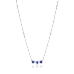 18 Karat White Gold Blue Sapphire Diamond Triple Heart Pendant Necklace