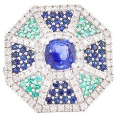 Anillo Cóctel Art Decó Zafiro Azul Esmeralda Diamante Oro Blanco 18 Kilates