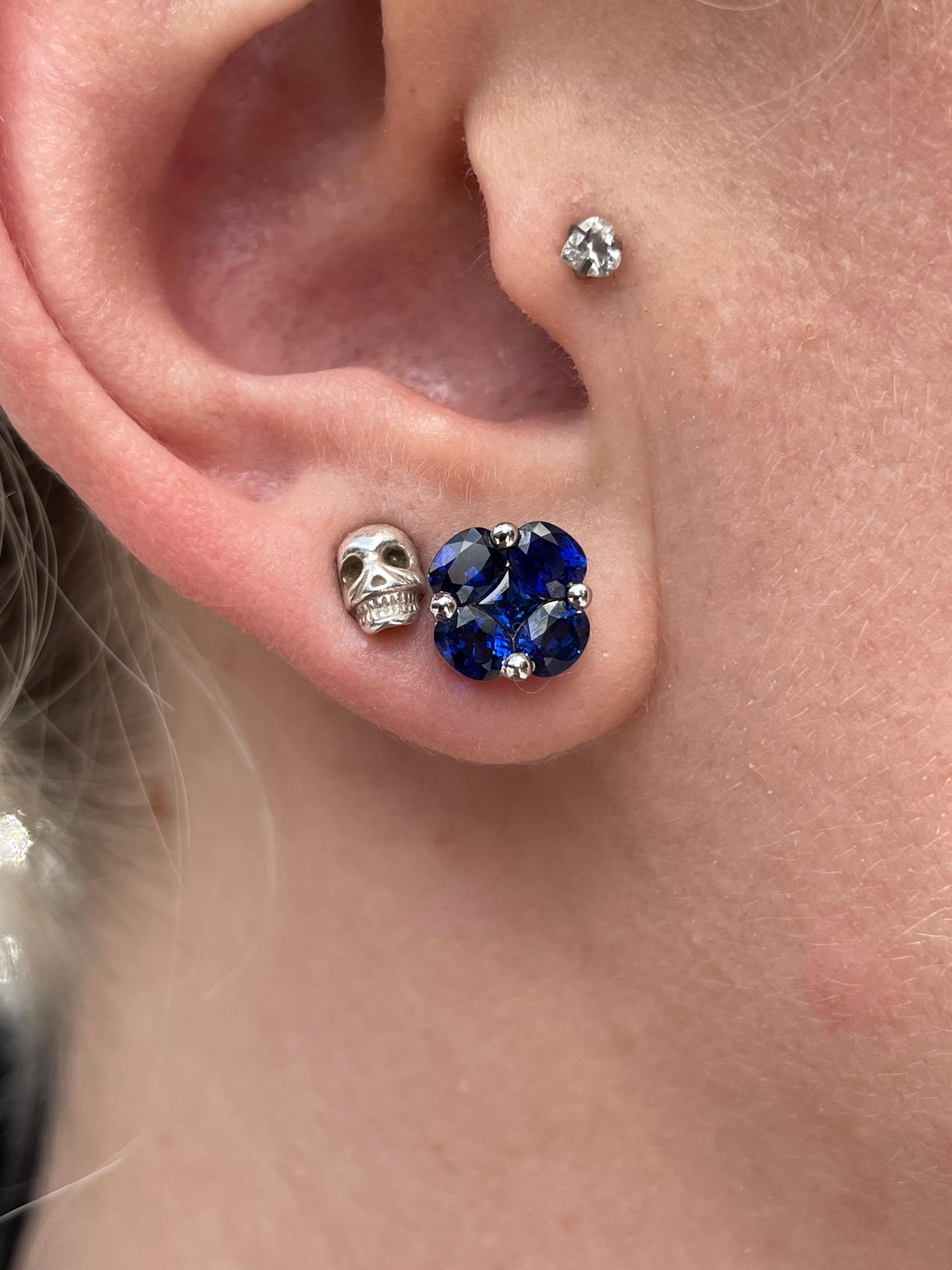 These beautiful earrings are crafted of 18 karat white gold with 10 blue sapphires weighing 2.75 carat total weight.