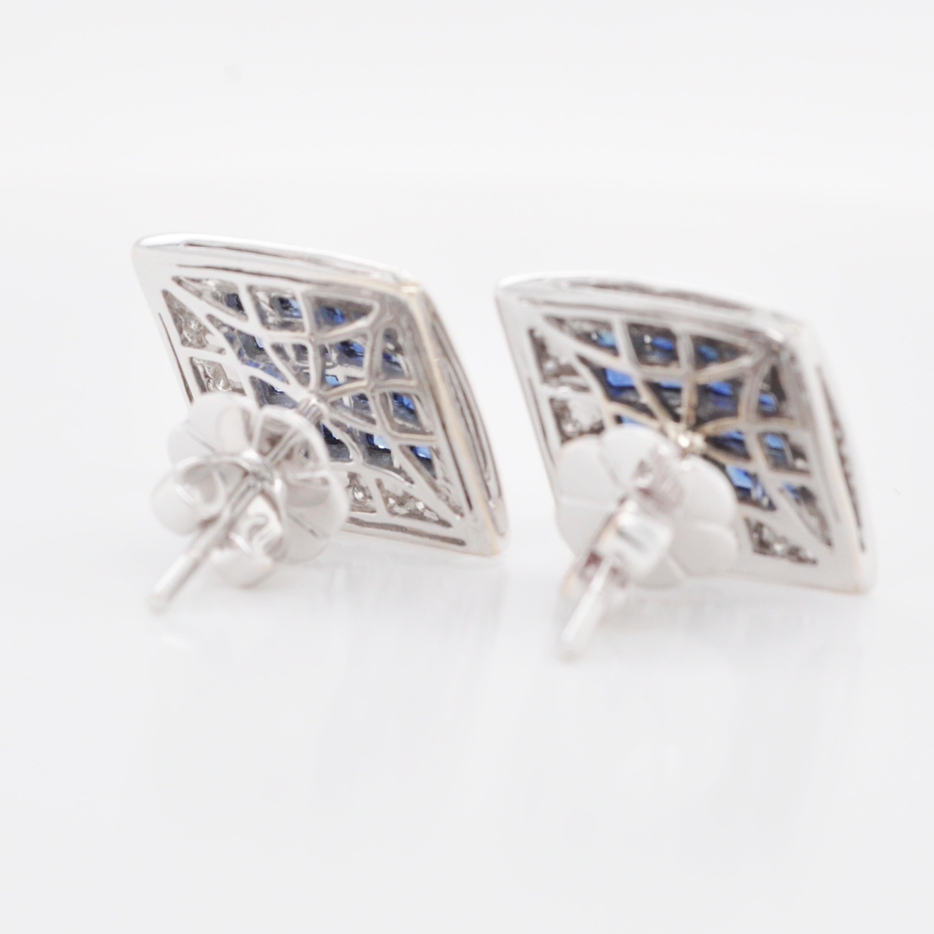 18 Karat White Gold Invisible Setting 5.76 Carat Sapphire Diamond Stud Earrings For Sale 1