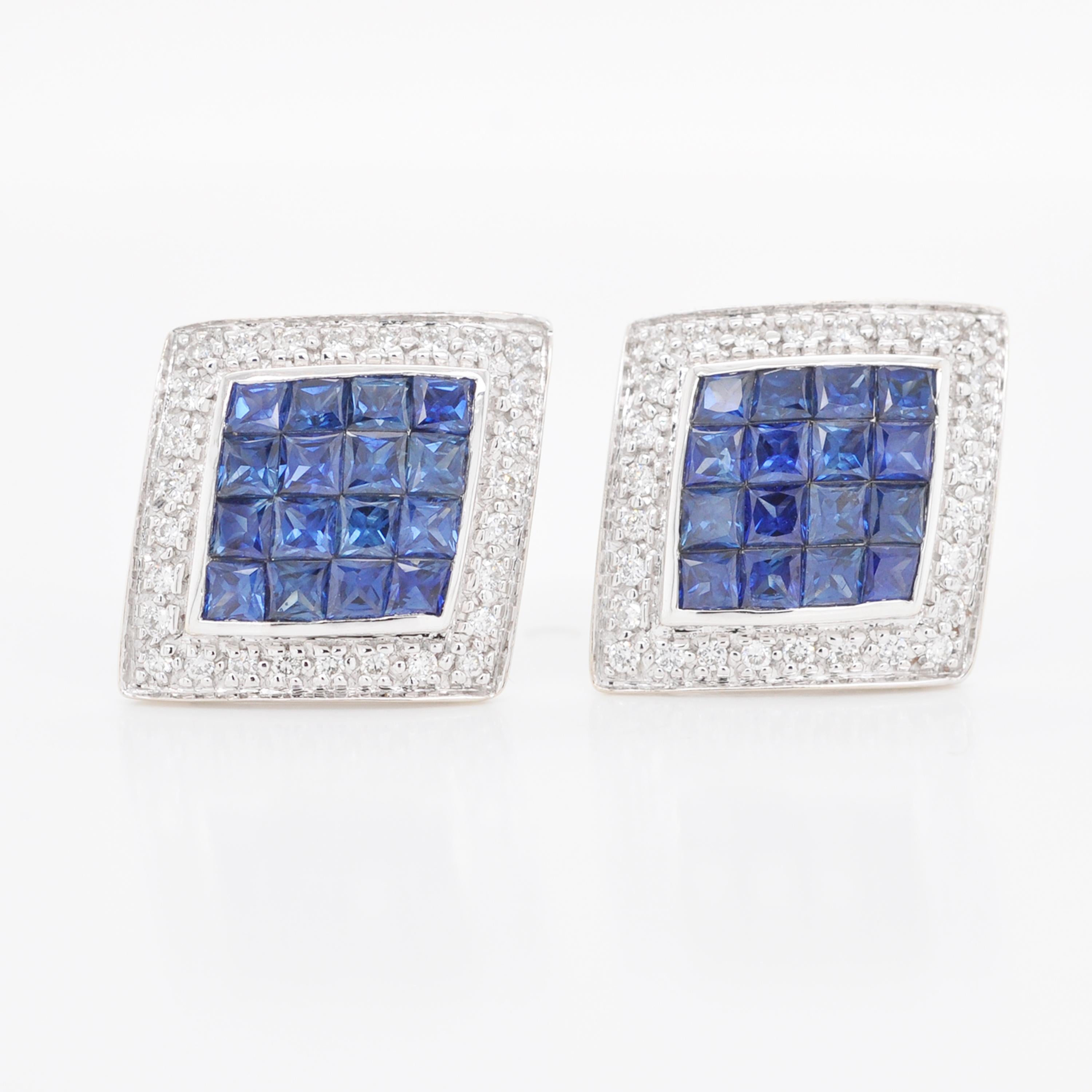 Square Cut 18 Karat White Gold Invisible Setting 5.76 Carat Sapphire Diamond Stud Earrings For Sale