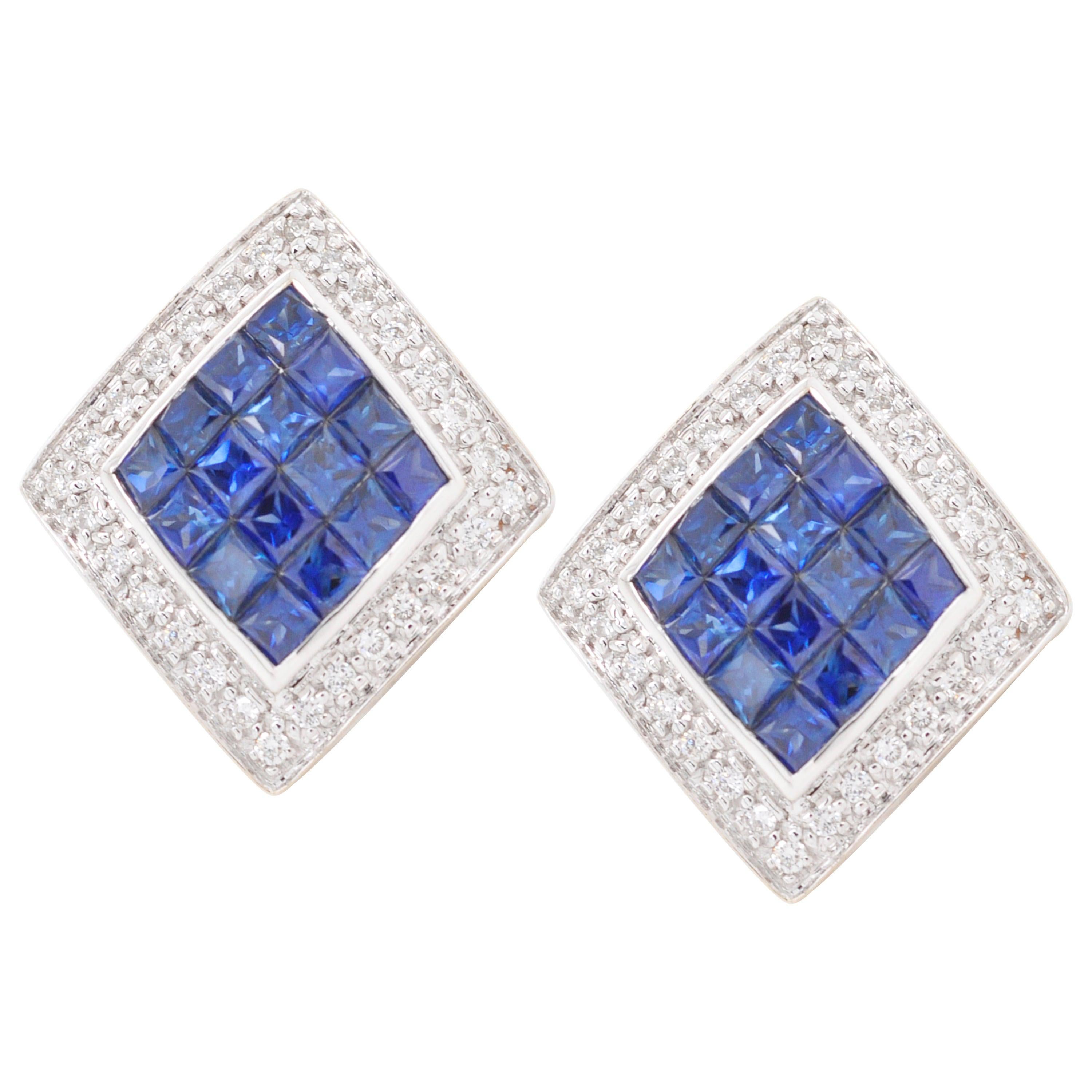 18 Karat White Gold Invisible Setting 5.76 Carat Sapphire Diamond Stud Earrings For Sale