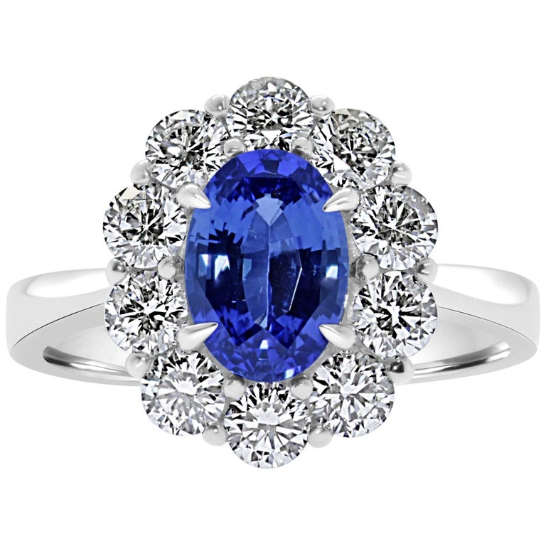 18 Karat White Gold Blue Sapphire Ring Set with Brilliant Cut Diamonds ...