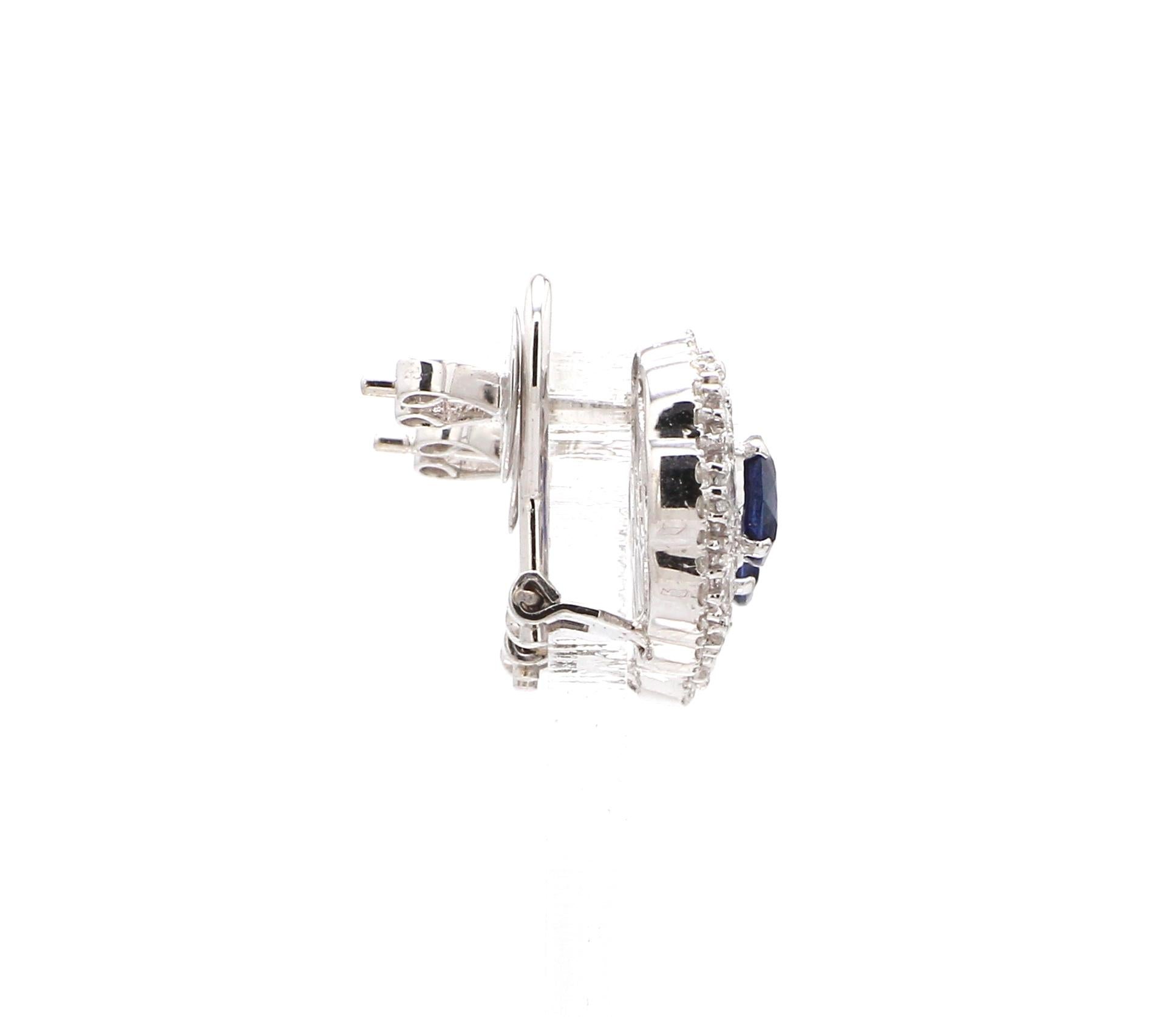 Contemporary 18 Karat White Gold Blue Sapphire Royal Blue Diamond Earring For Sale