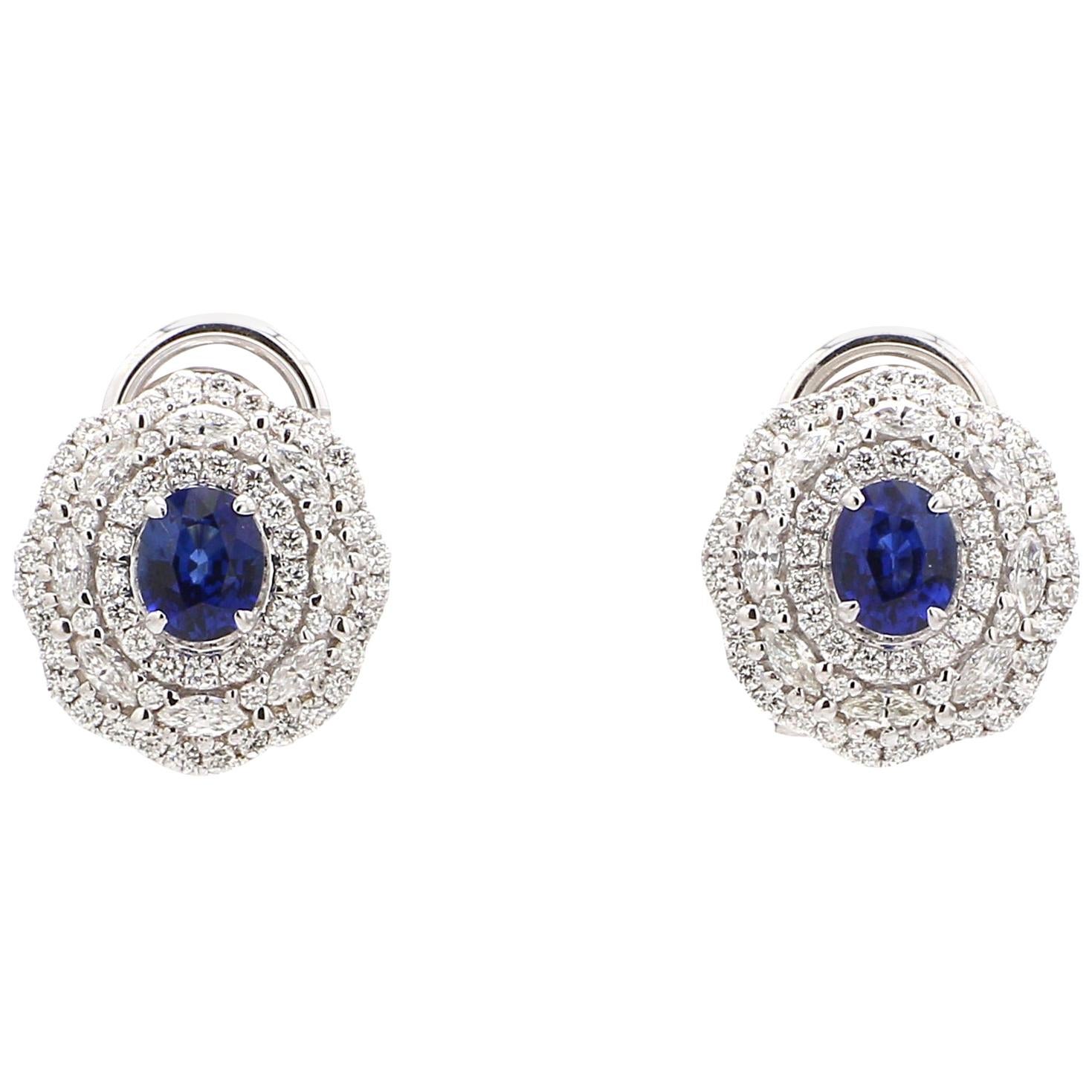 18 Karat White Gold Blue Sapphire Royal Blue Diamond Earring For Sale