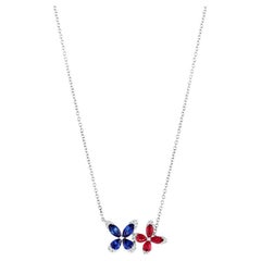 18 karat White Gold Blue Sapphire Ruby Diamond Flower Pendant Necklace