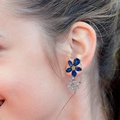 18 Karat White Gold Blue Sapphire, White, and Yellow Diamond Stud Earrings