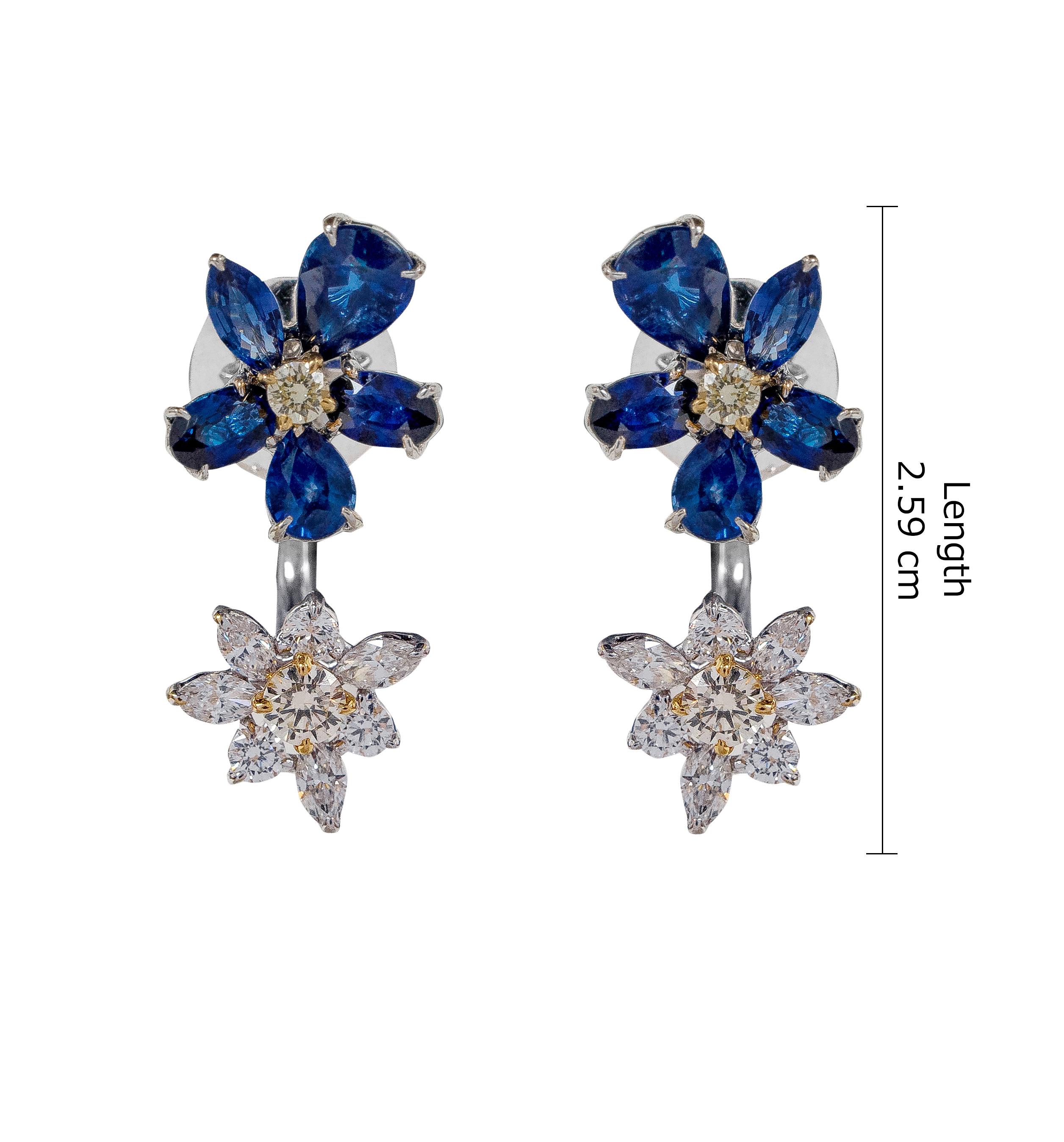 Women's 18 Karat White Gold Blue Sapphire, White, and Yellow Diamond Stud Earrings For Sale