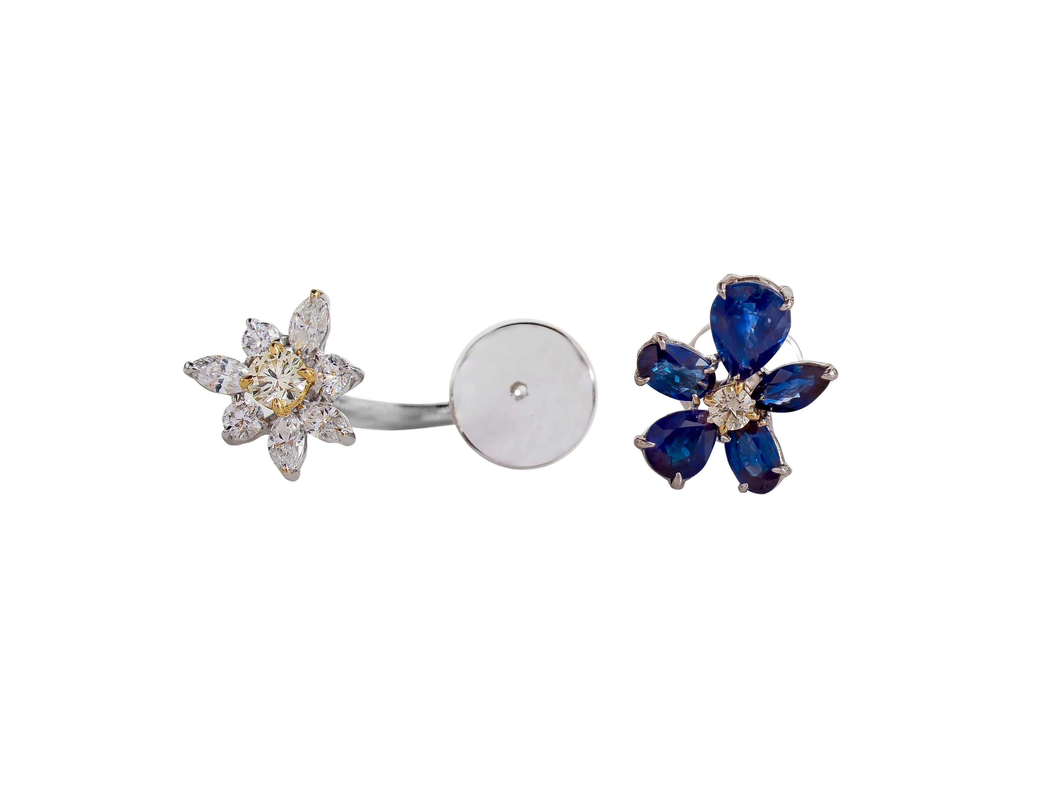 18 Karat White Gold Blue Sapphire, White, and Yellow Diamond Stud Earrings In New Condition For Sale In Jaipur, IN