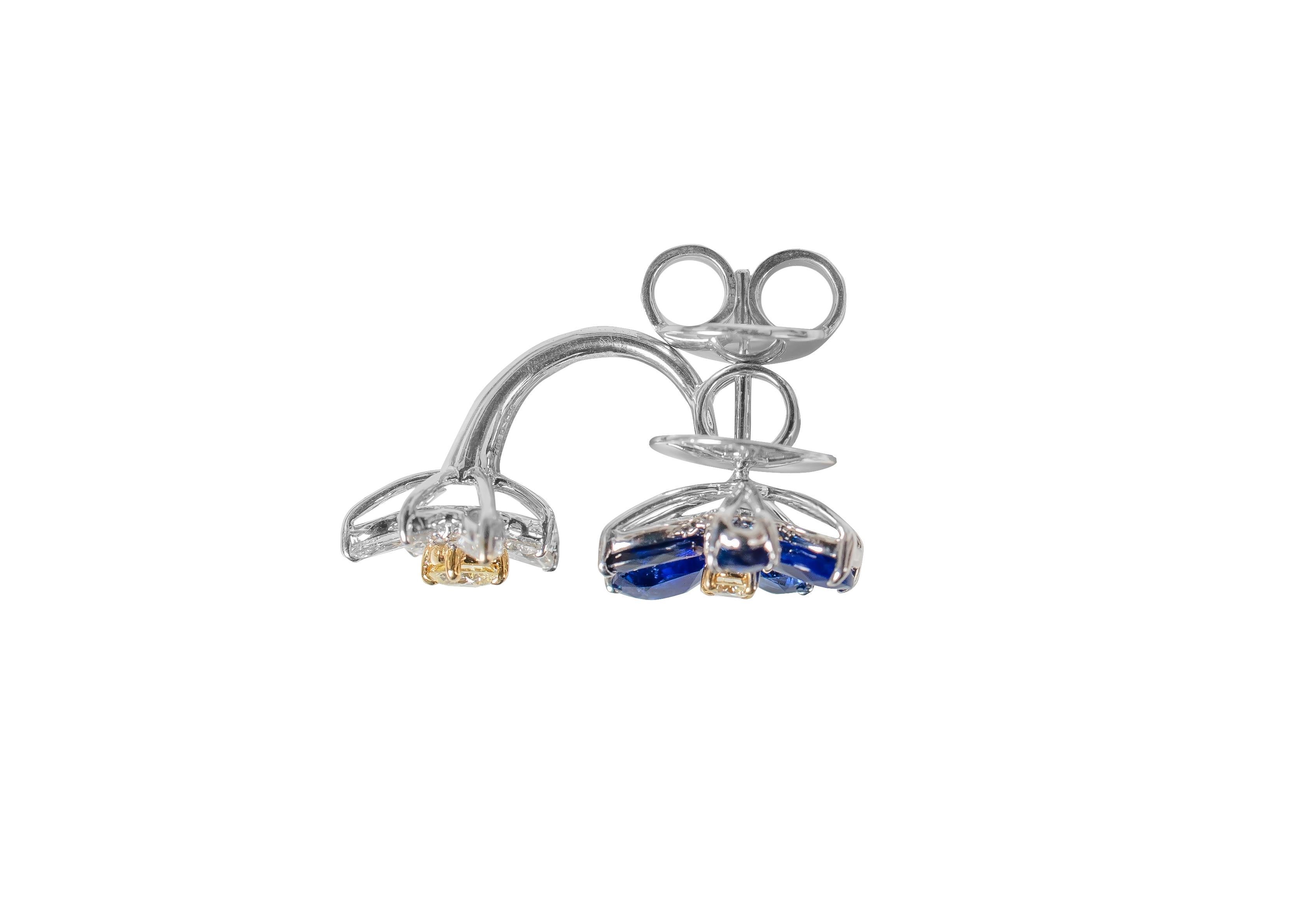 18 Karat White Gold Blue Sapphire, White, and Yellow Diamond Stud Earrings For Sale 1