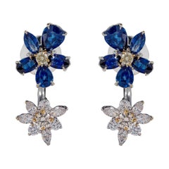 18 Karat White Gold Blue Sapphire, White, and Yellow Diamond Stud Earrings