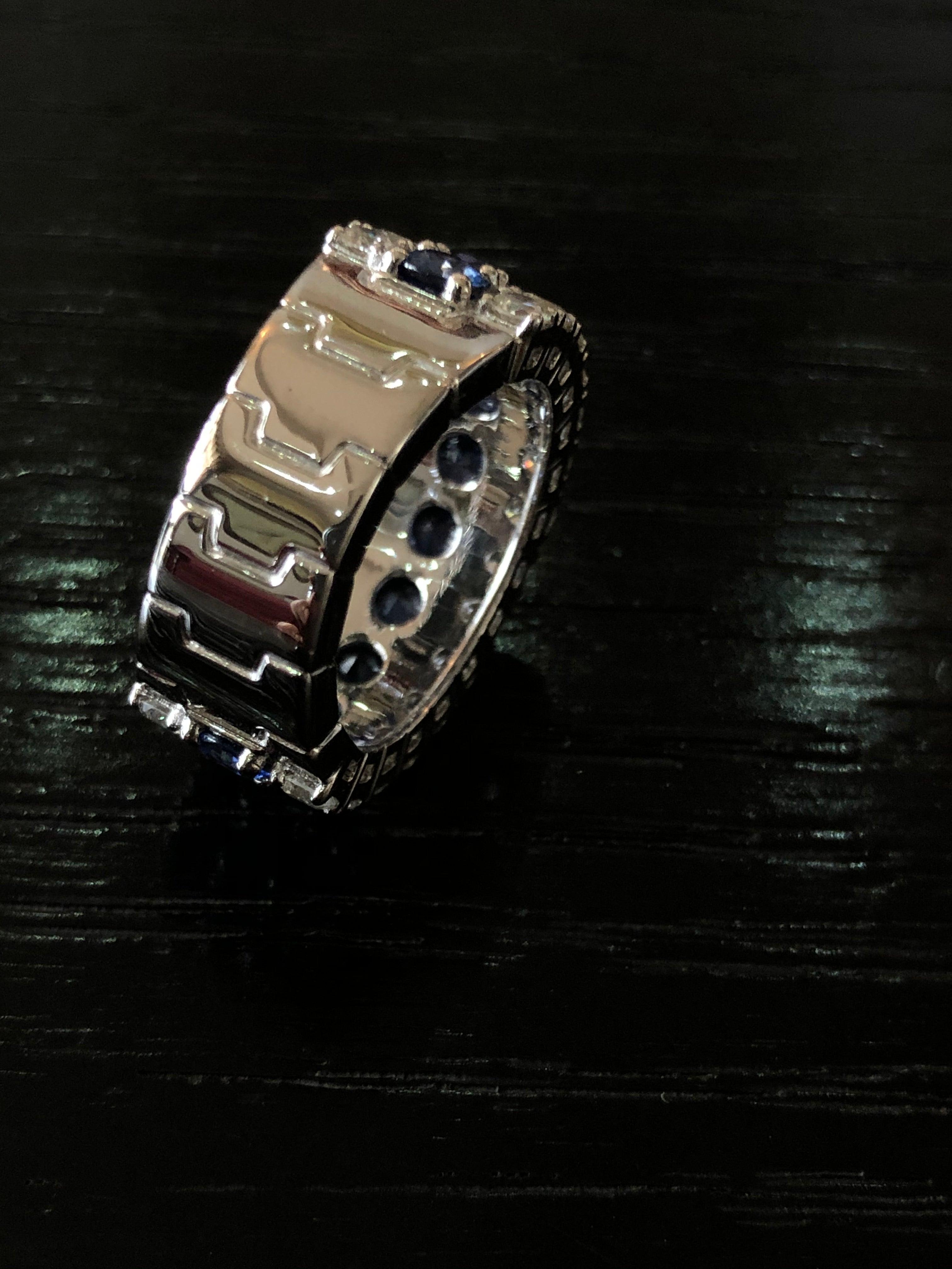 For Sale:  18 Karat White Gold Blue Sapphire White Diamond Band Ring 10