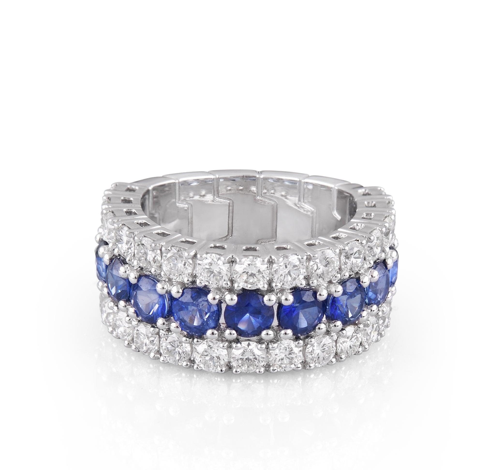 For Sale:  18 Karat White Gold Blue Sapphire White Diamond Band Ring 2