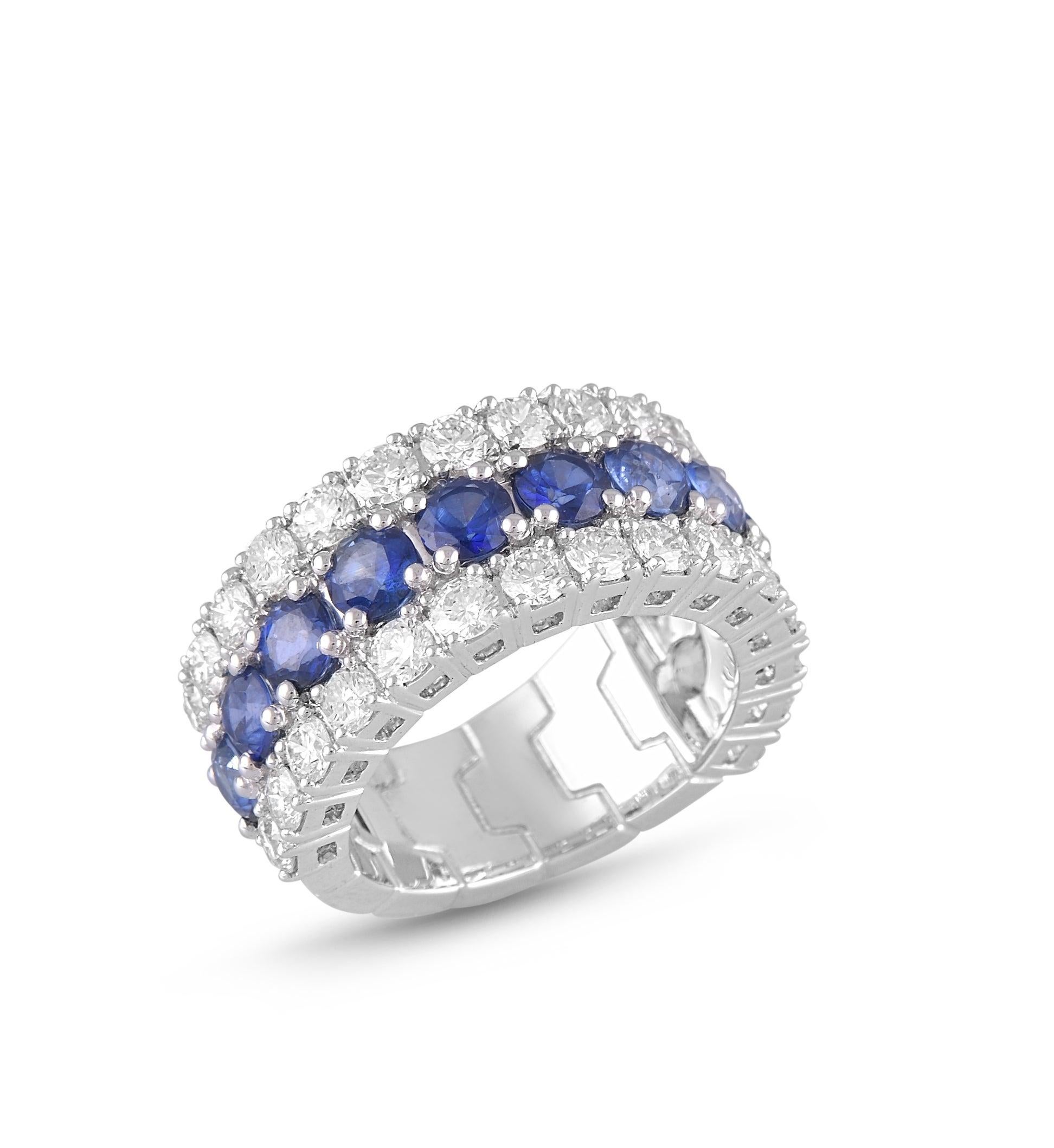 For Sale:  18 Karat White Gold Blue Sapphire White Diamond Band Ring 3
