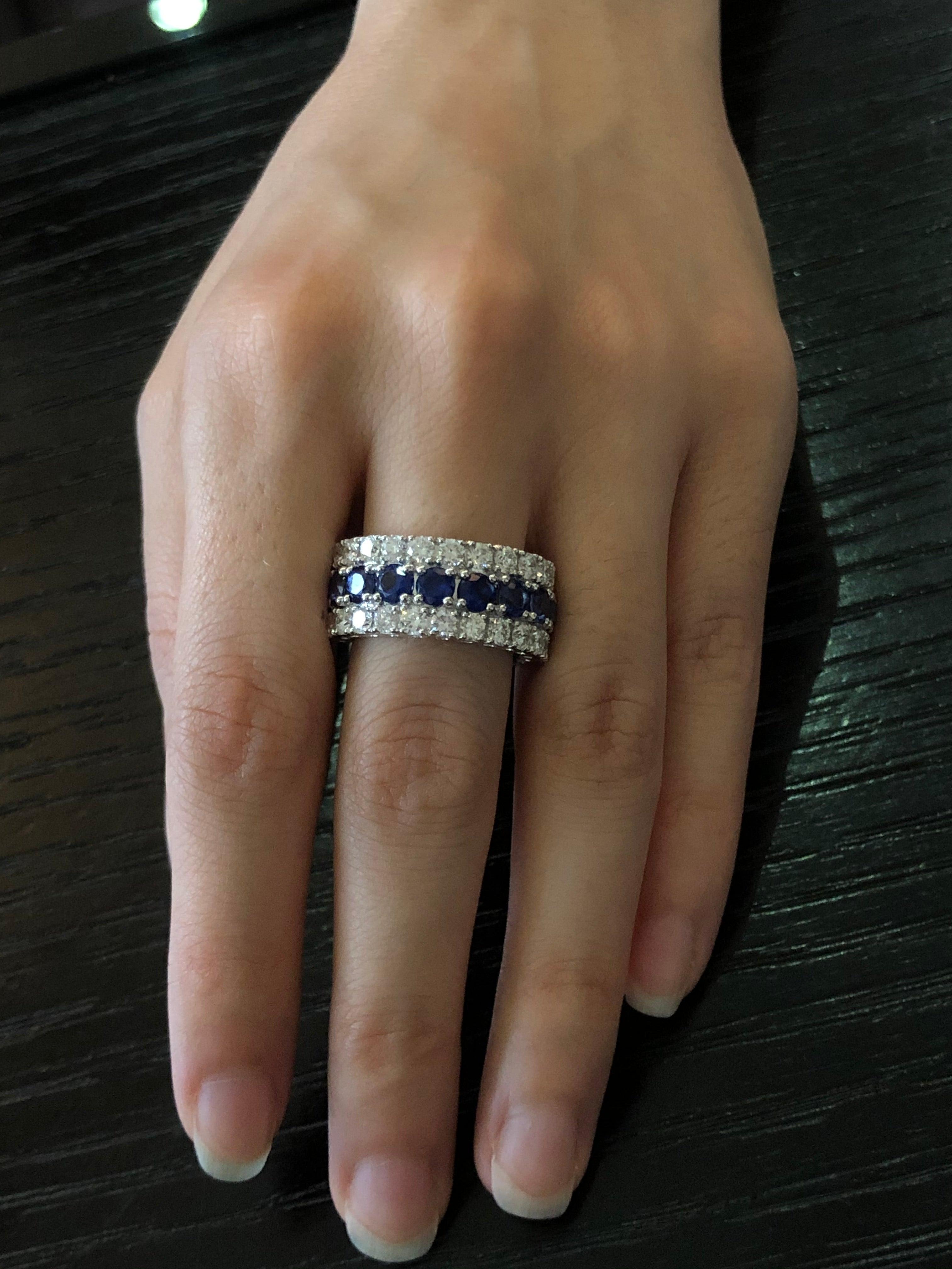 For Sale:  18 Karat White Gold Blue Sapphire White Diamond Band Ring 6