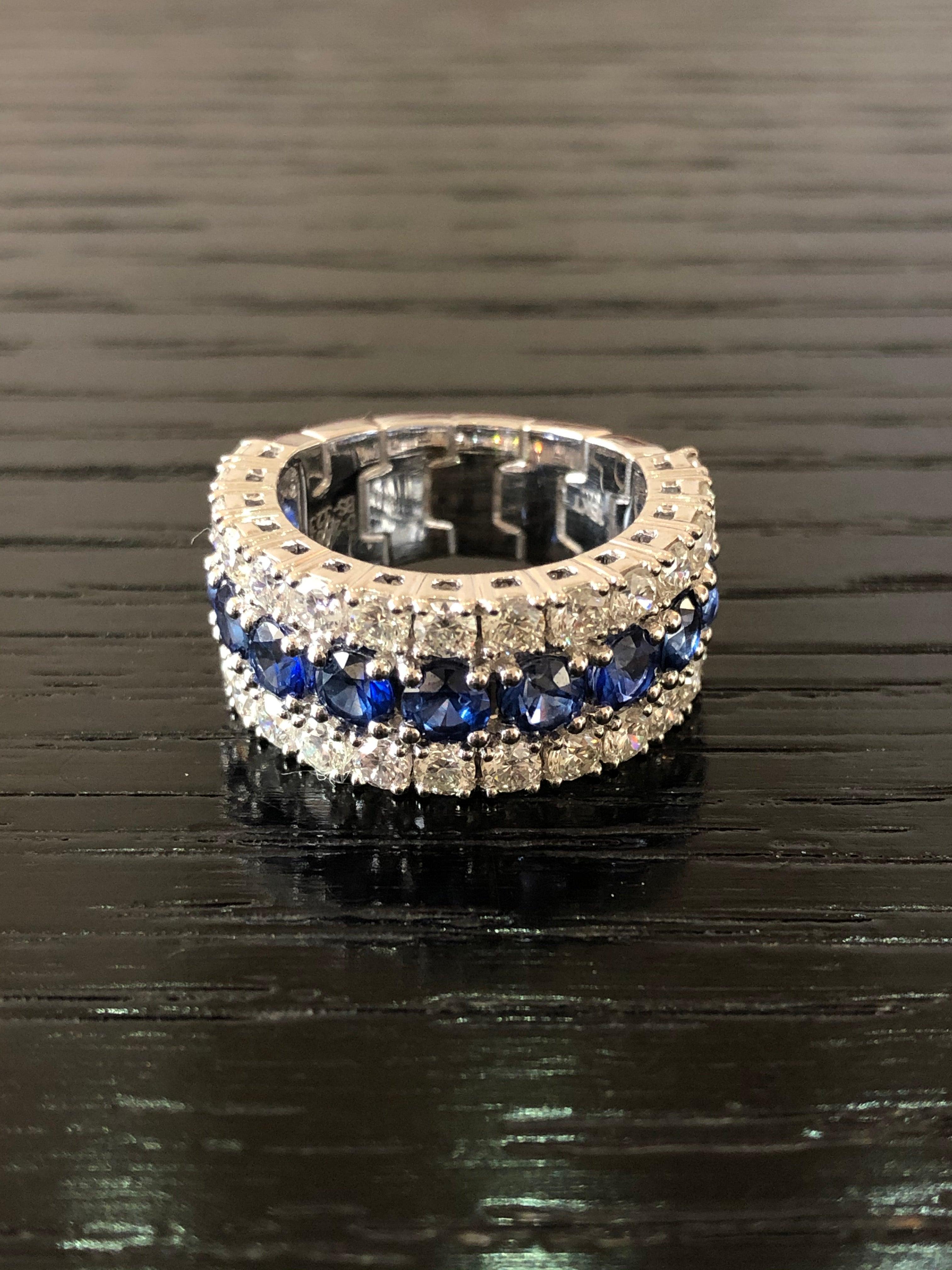 For Sale:  18 Karat White Gold Blue Sapphire White Diamond Band Ring 8