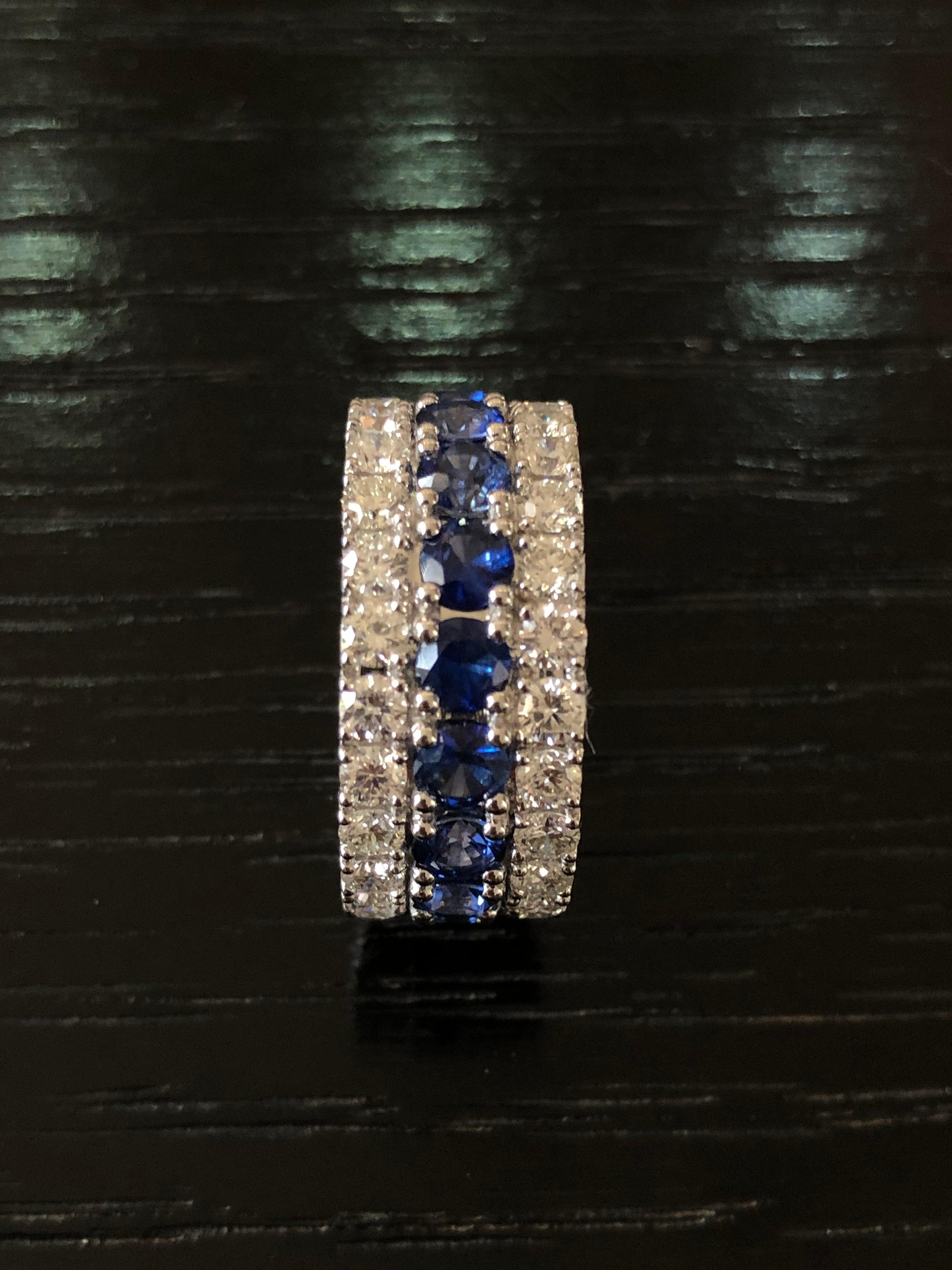 For Sale:  18 Karat White Gold Blue Sapphire White Diamond Band Ring 9