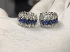 18 Karat White Gold Blue Sapphire White Diamond Hoop Earrings