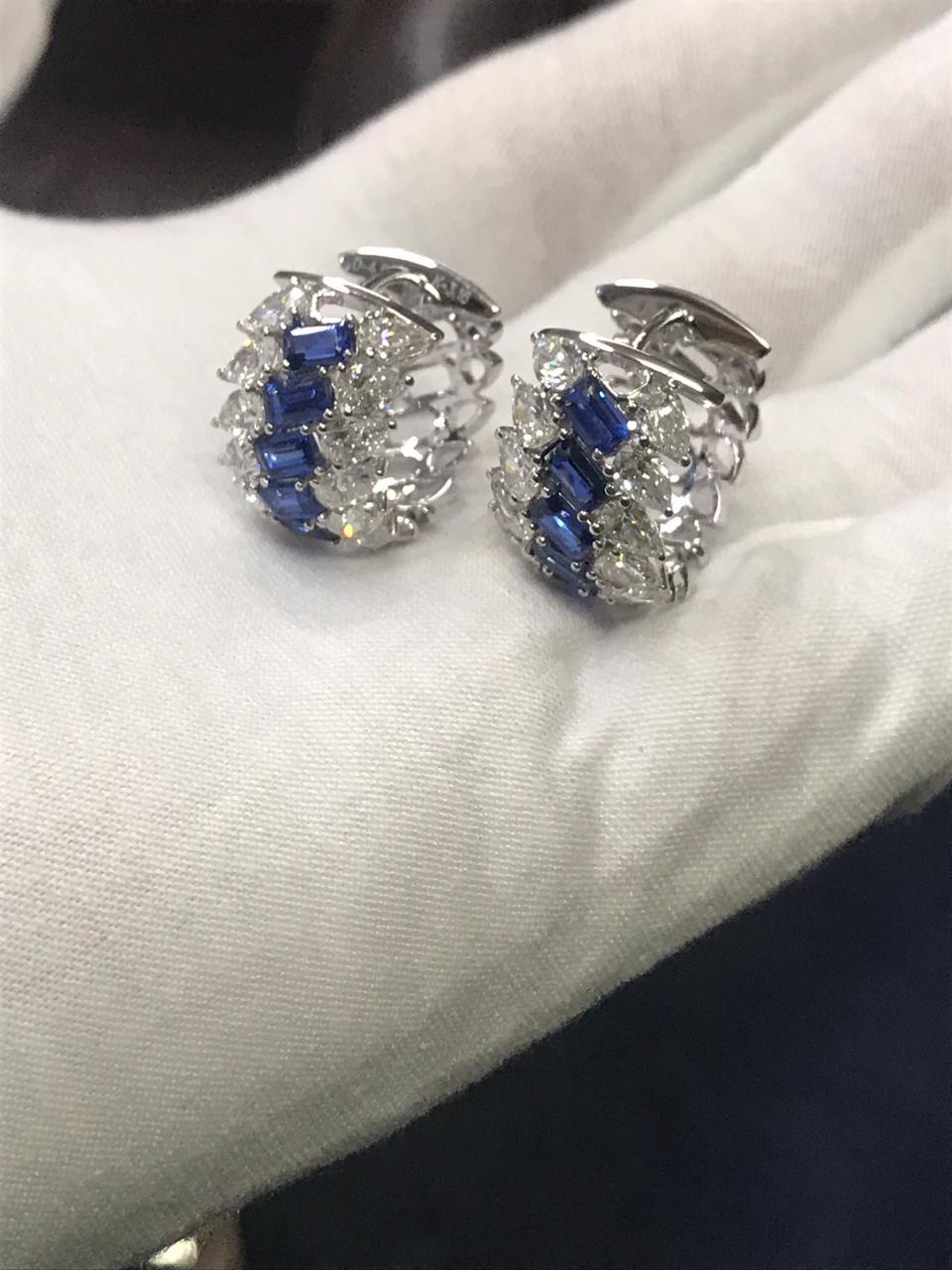 Contemporary 18 Karat White Gold Blue Sapphire White Diamond Hoop Earrings For Sale