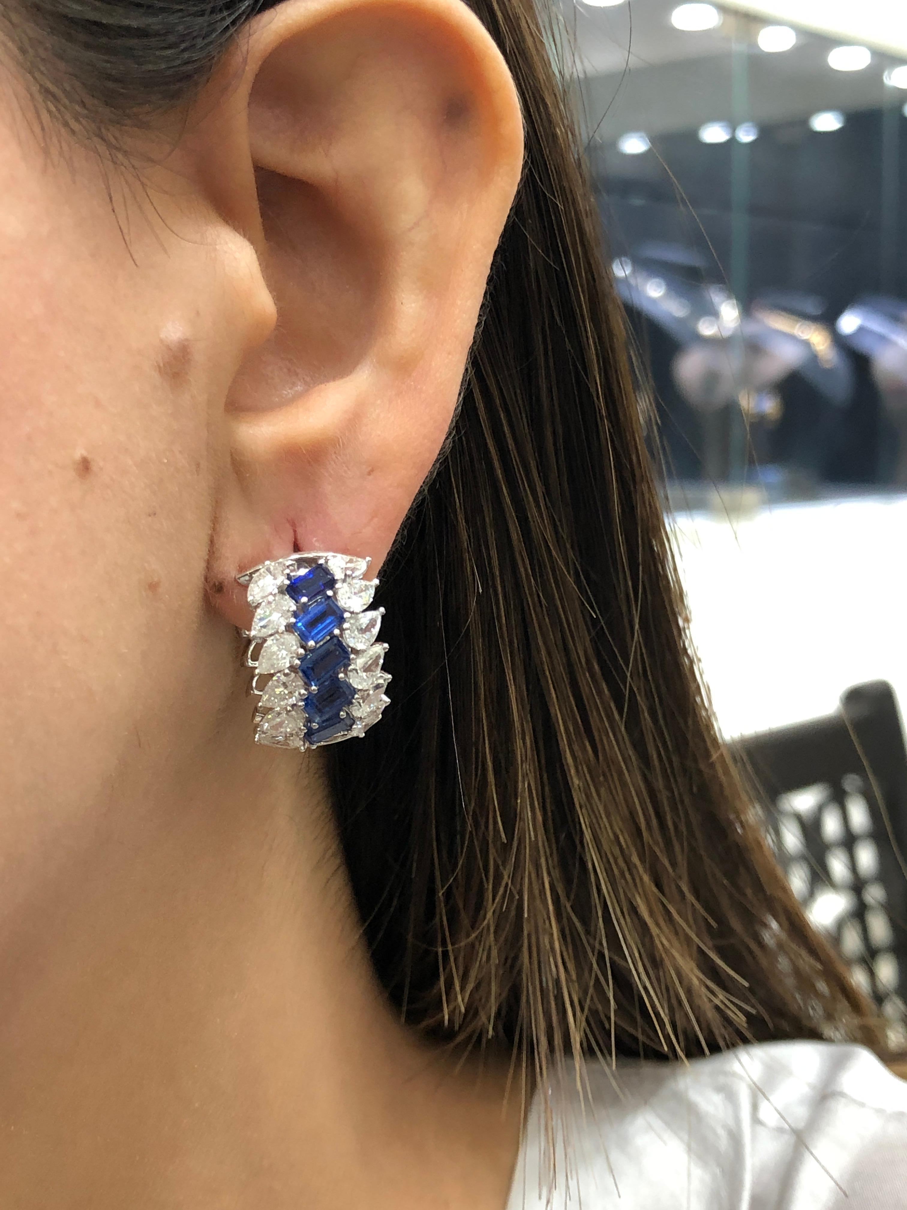 Women's or Men's 18 Karat White Gold Blue Sapphire White Diamond Hoop Earrings For Sale
