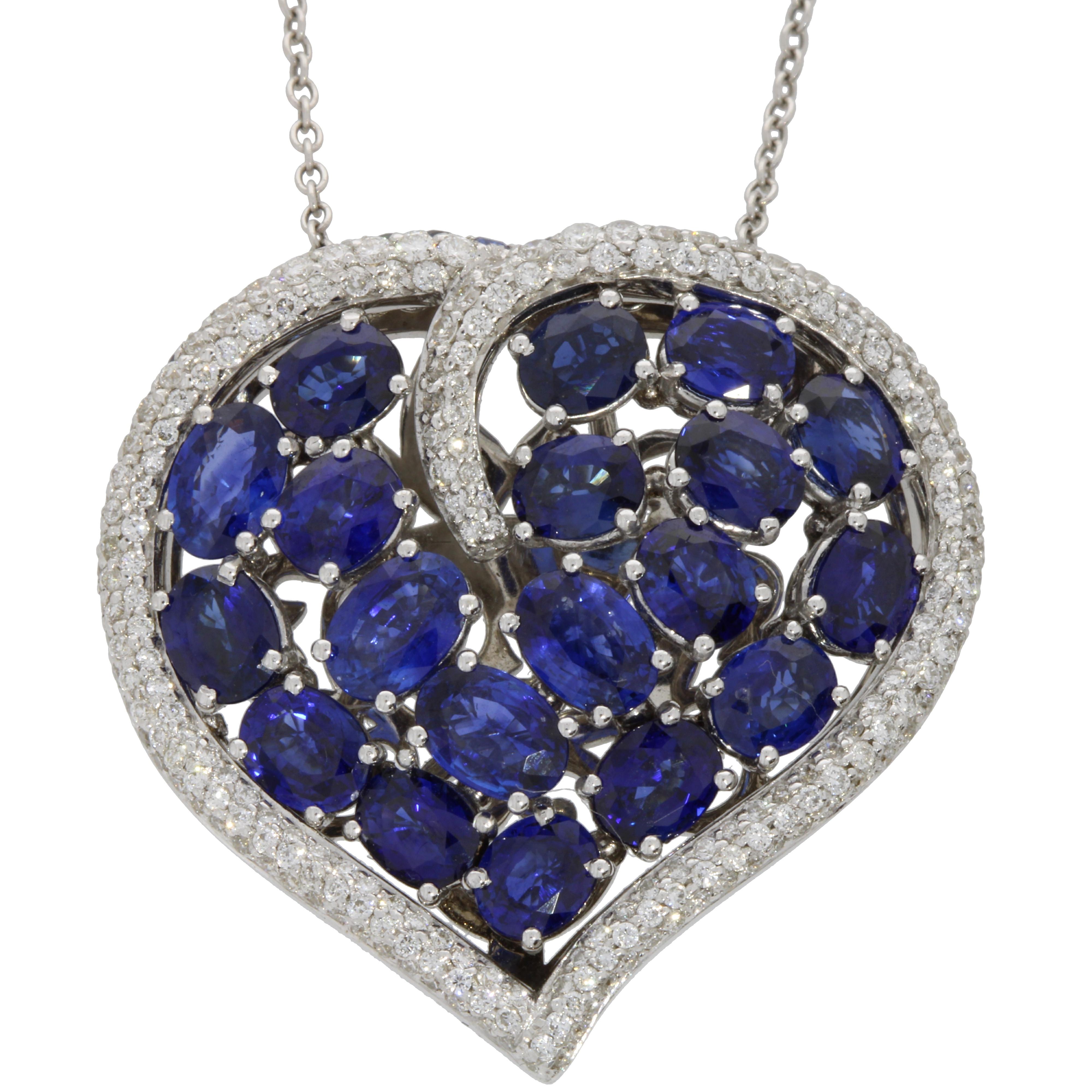 A symbolic curved heart of wonderful sapphires encircled from top quality diamonds for this amazing big heart pendant

Blue Sapphires and Diamonds Heart Pendant with Chain
Details
- 18 Karat White Gold 
- 9.00 Carat Oval cut Blue Sapphires
- 2.21