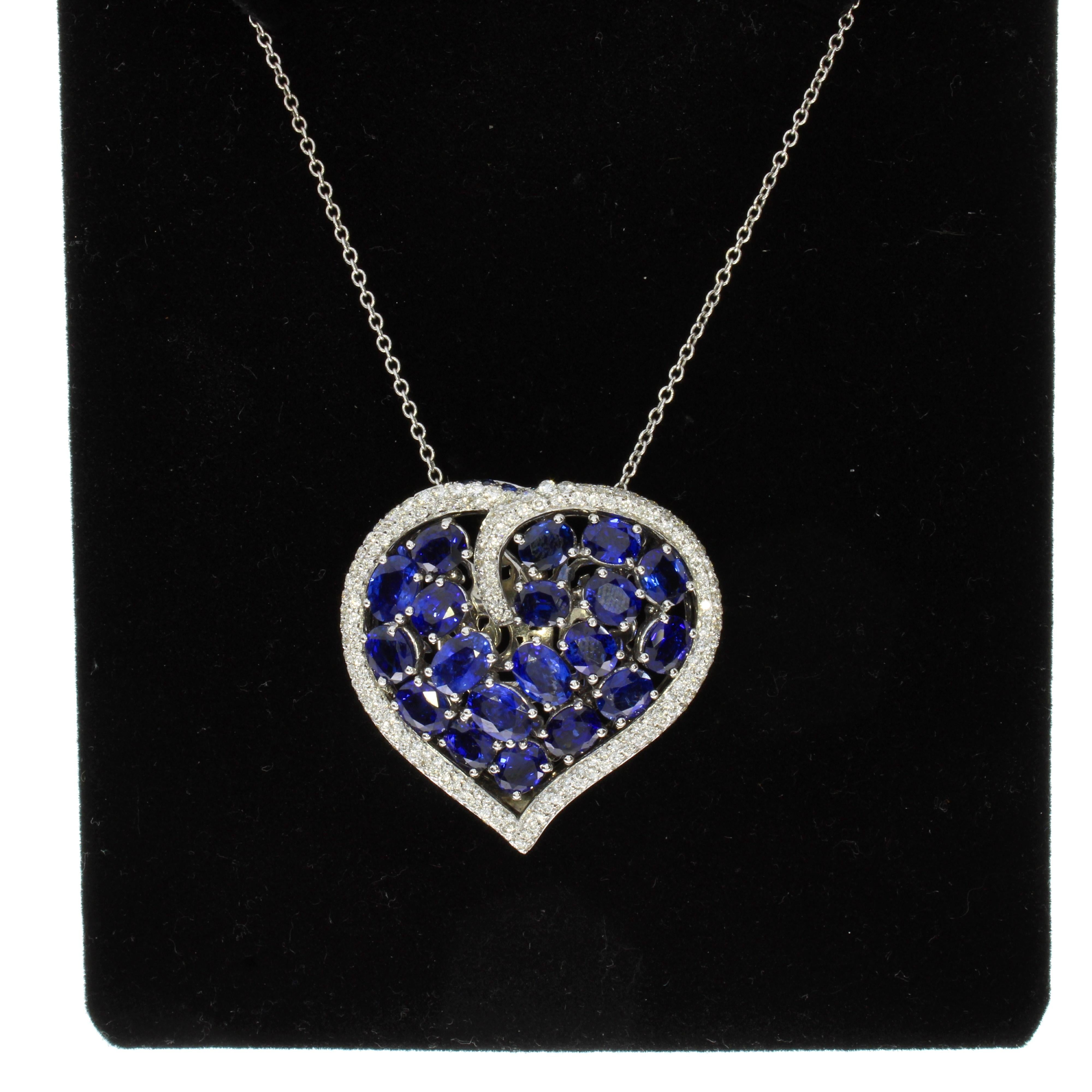 Oval Cut 18 Karat White Gold Blue Sapphires and Diamonds Heart Pendant with Chain For Sale