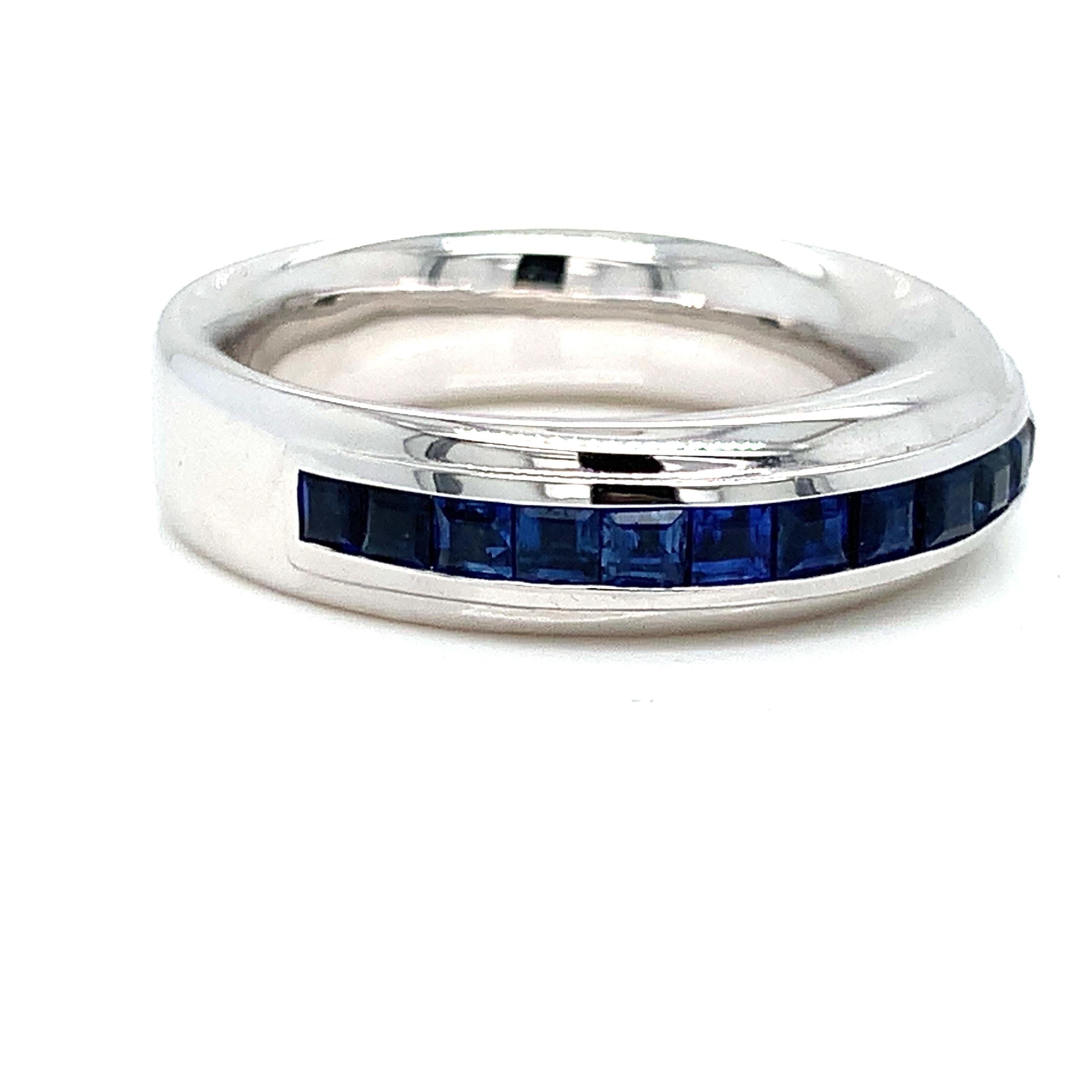 18KT White Gold Blue Sapphires Garavelli RING  Finger Size european 53 american 6.5
 Beautiful intense color carré cut blue sapphires perfectly set in white gold. 
GOLD gr : 6.60
sapphires ct : 1.46
Embrace the Timeless Beauty of Garavelli's 18KT