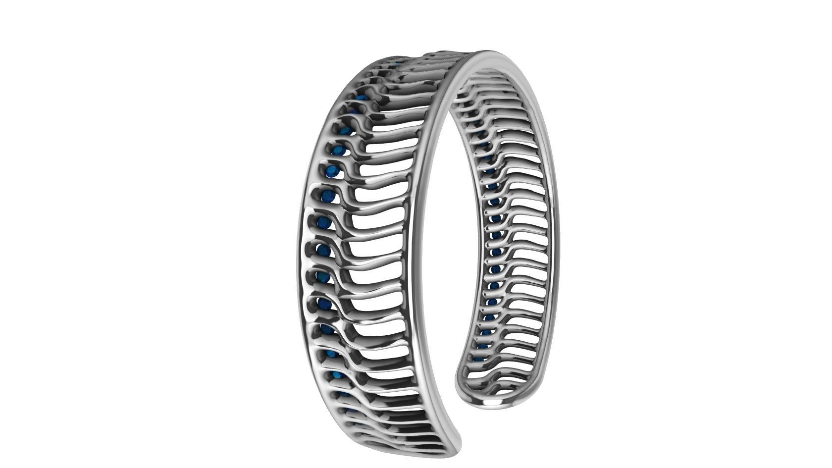 Bracelet manchette vague ouverte en or blanc 18 carats et saphirs bleus Neuf - En vente à New York, NY