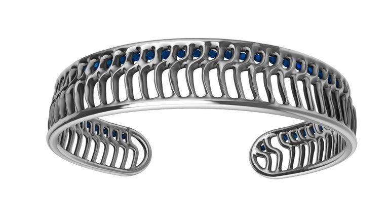 Women's or Men's 18 Karat White Gold Blue Sapphires Open Wave Cuff Bracelet For Sale