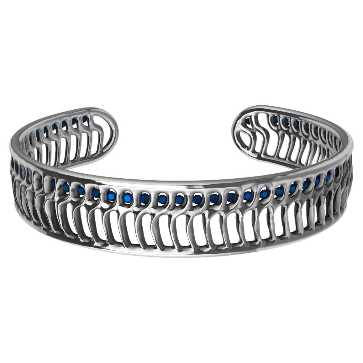 18 Karat White Gold Blue Sapphires Open Wave Cuff Bracelet