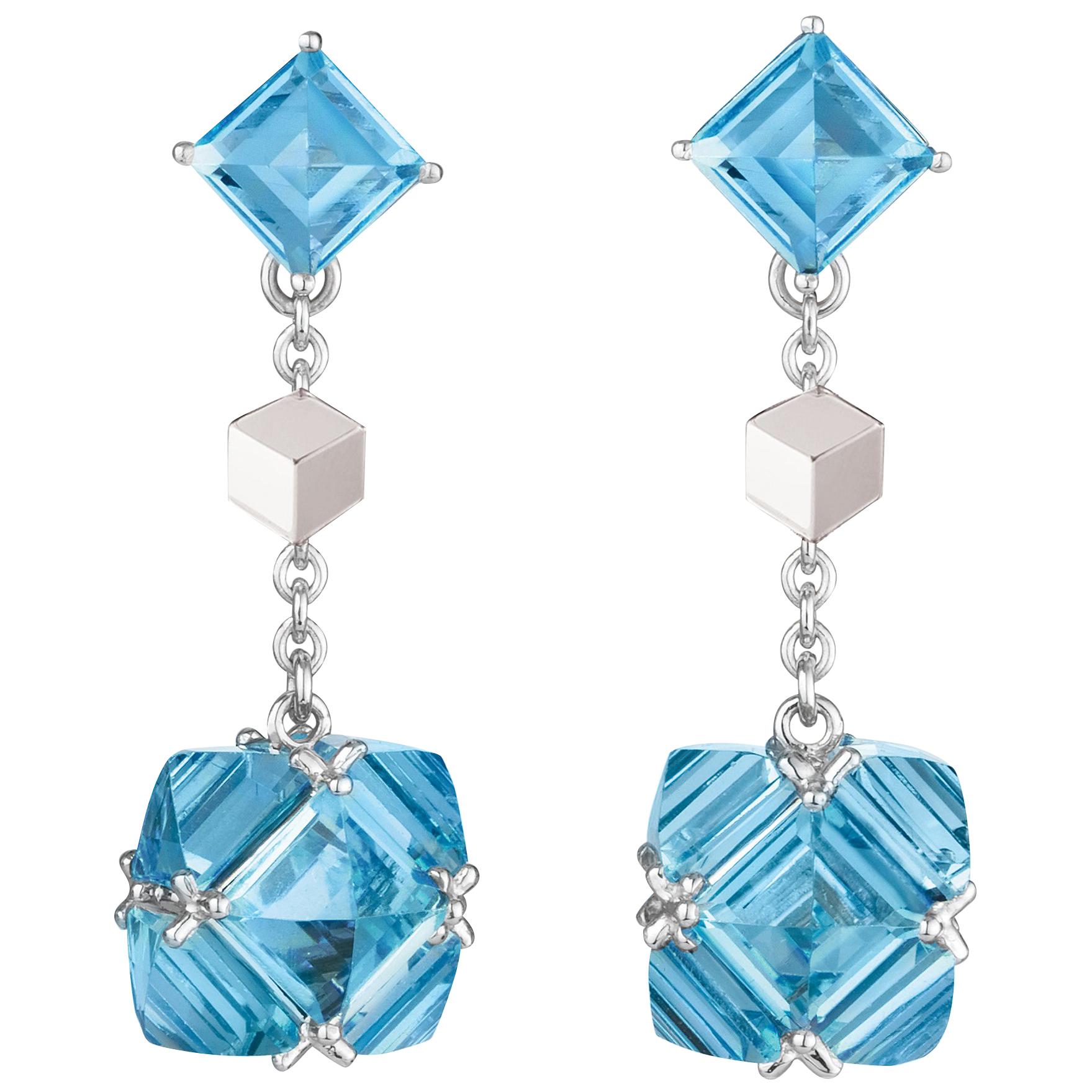 Paolo Costagli 18 Karat White Gold Blue Topaz, 19 Carat Very PC Earrings, Petite For Sale