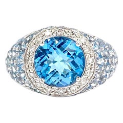 18 Karat White Gold Blue Topaz and Diamond Wide Ring 18 Karat White Gold Blue Topaz and Diamond Wide Ring