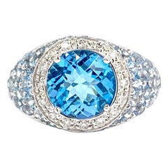 18 Karat White Gold Blue Topaz and Diamond Wide Ring