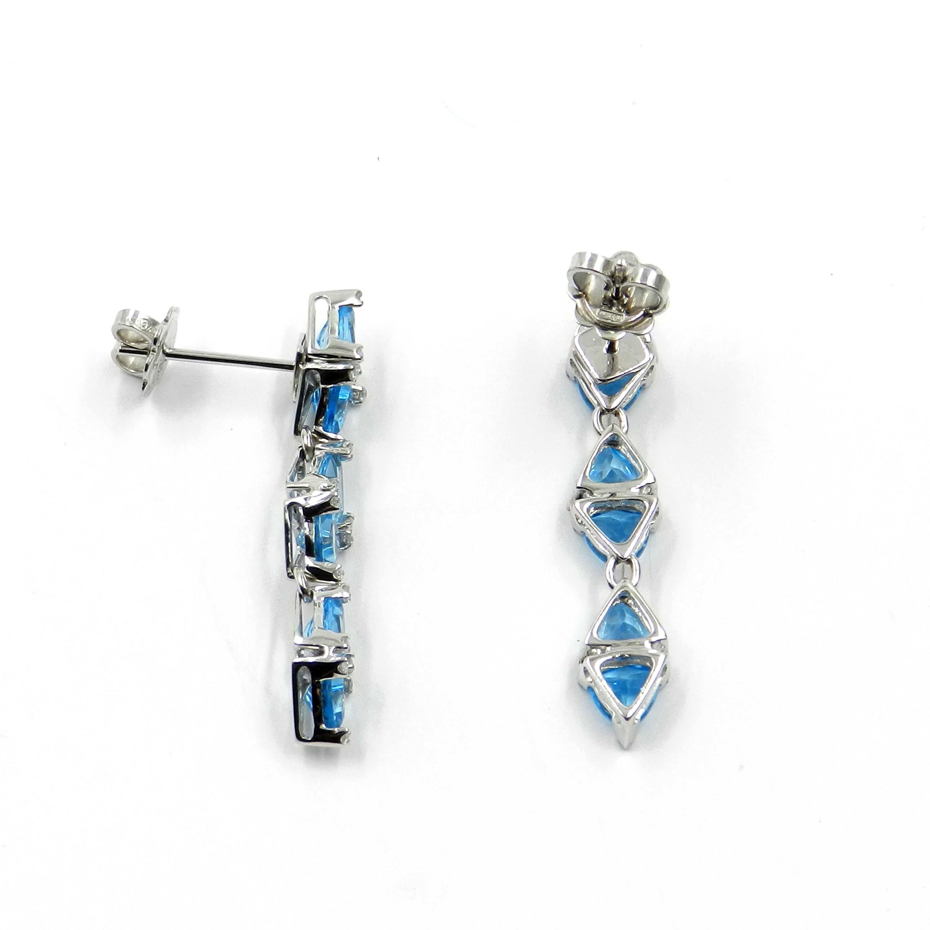 18 Karat White Gold Blue Topaz and Diamonds Garavelli Long Earrings In New Condition In Valenza, IT