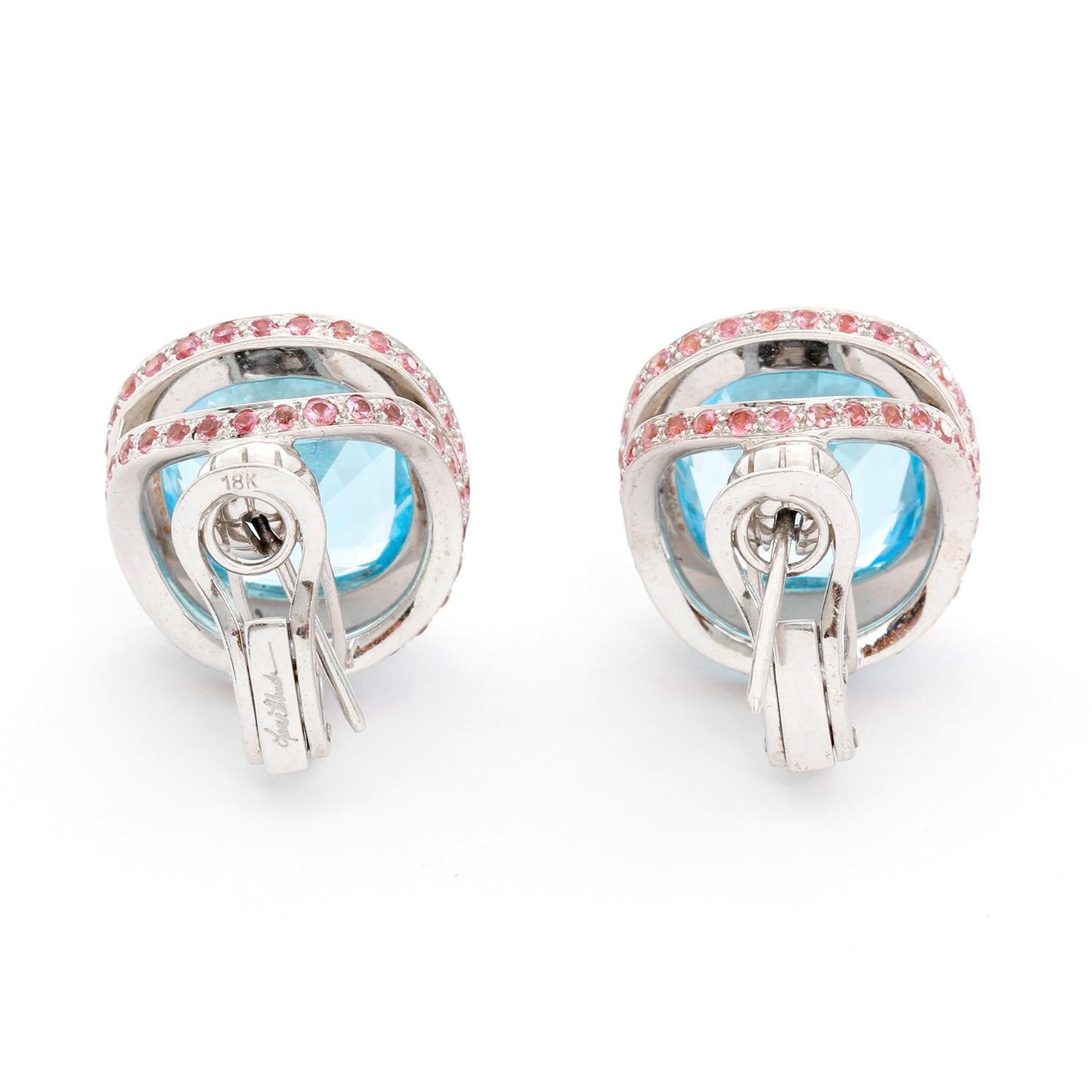 18 Karat White Gold Blue Topaz and Pink Sapphire Earrings In Excellent Condition In Dallas, TX