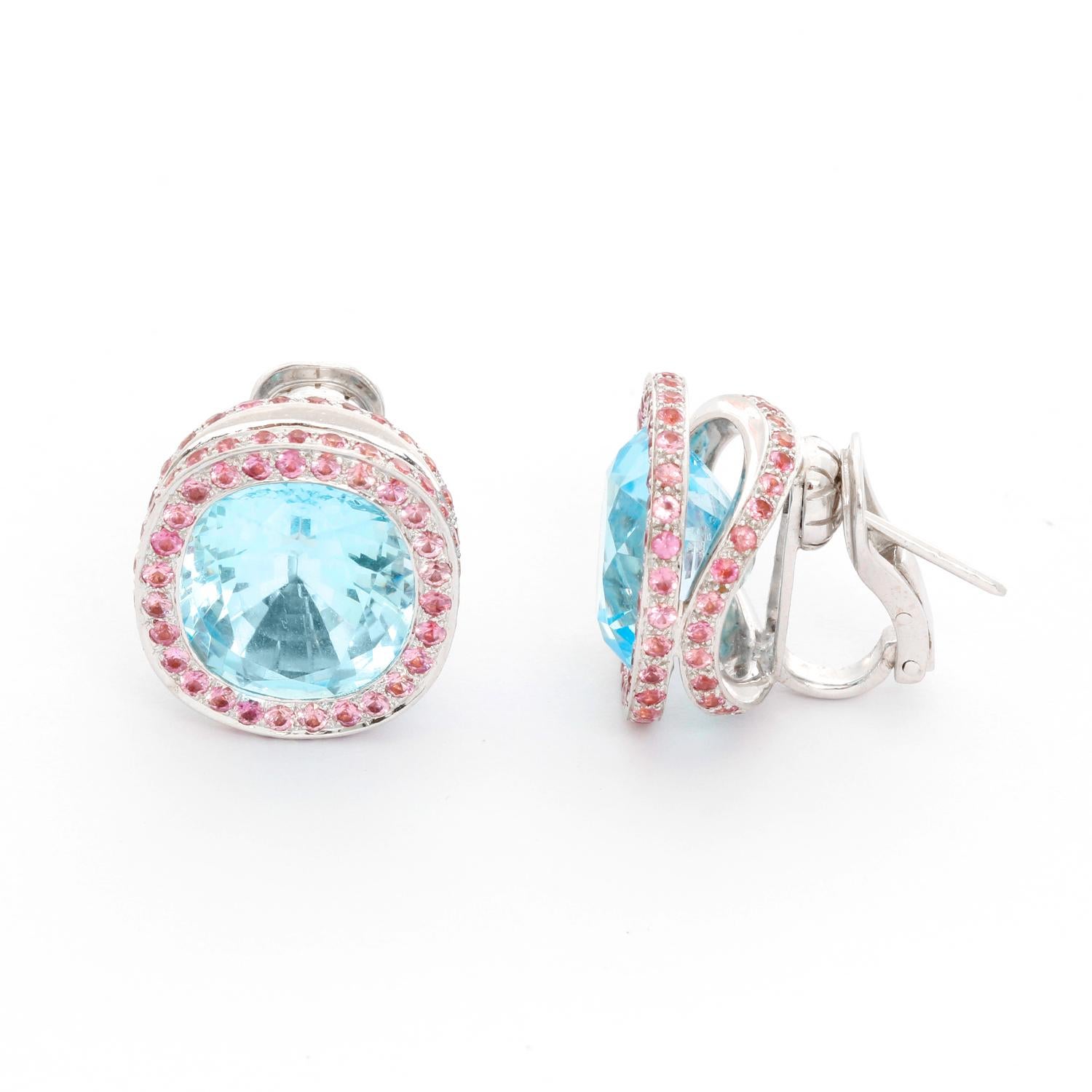 Women's 18 Karat White Gold Blue Topaz and Pink Sapphire Earrings