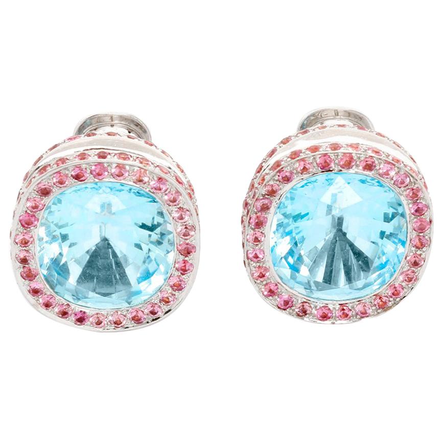 18 Karat White Gold Blue Topaz and Pink Sapphire Earrings