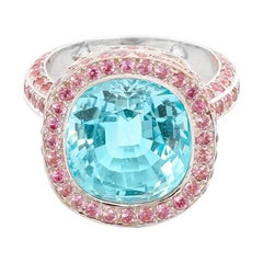 18 Karat White Gold Blue Topaz and Pink Sapphire Ring
