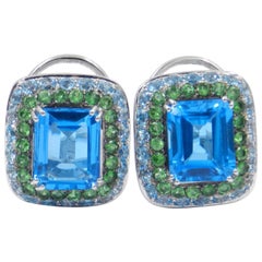 Boucles d'oreilles Garavelli en or blanc 18 carats, topaze bleue et Tzavorite