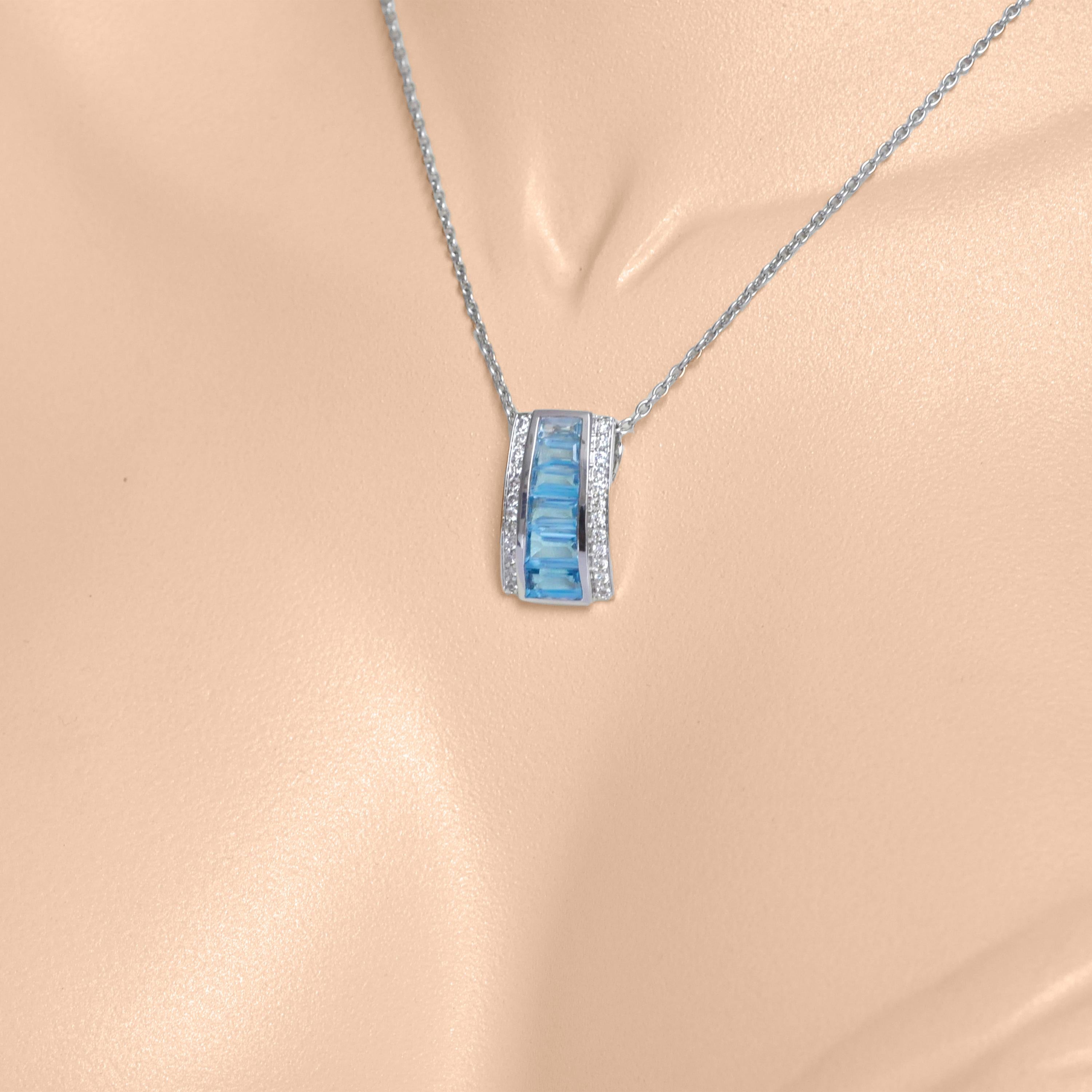 Art Deco 18 Karat White Gold Blue Topaz Channel-set Baguettes Diamond Pendant Necklace For Sale